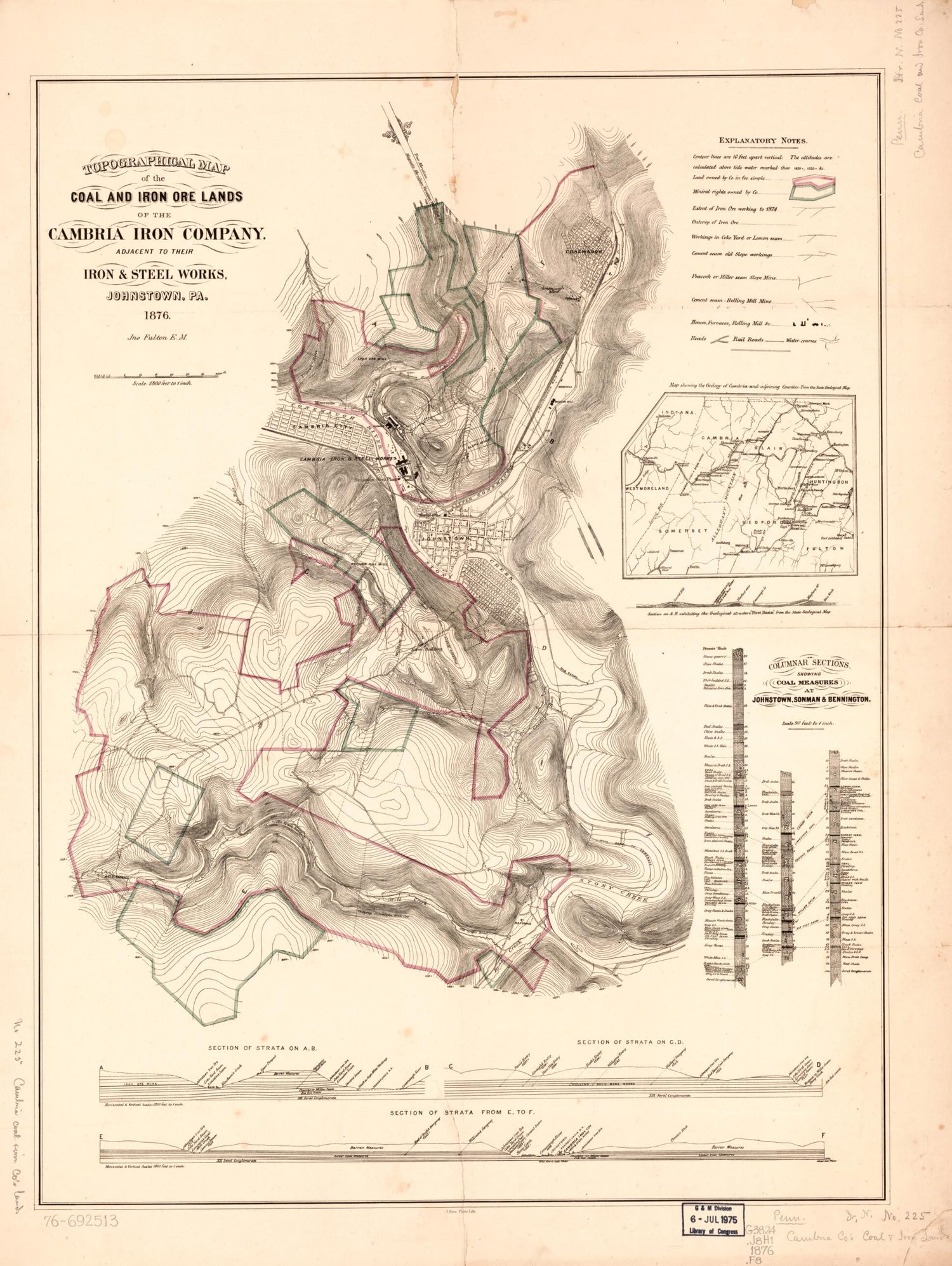 This old map of Topographical Map of the Coal and Iron Ore Lands of the Cambria Iron Company Adjacent to Their Iron &amp; Steel Works, Johnstown, Pennsylvania from 1876 was created by  Cambria Iron Company, John Fulton,  Julius Bien &amp; Co in 1876