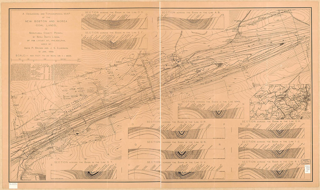 This old map of A Geological and Topographical Map of the New Boston and Morea Coal Lands, In Schuylkill County, Penn&