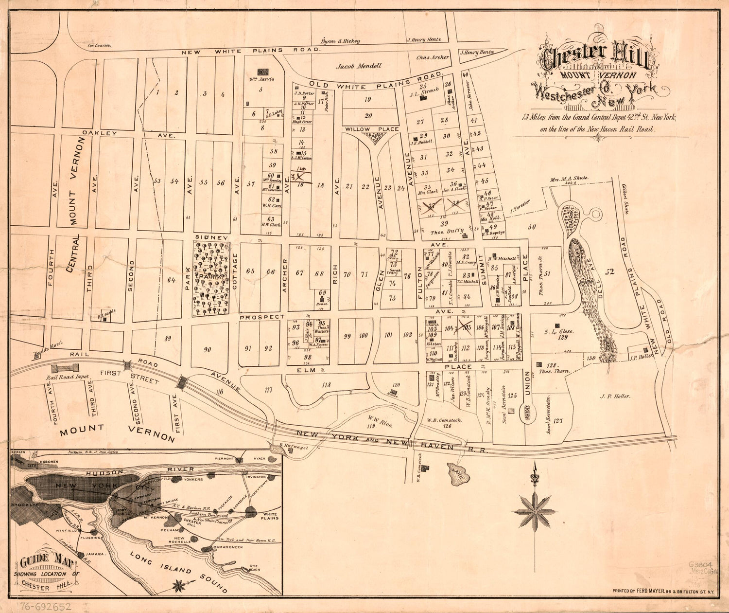 This old map of Chester Hill, Mount Vernon, Westchester Co., New York; 13 Miles from the Grand Central Depot, 42nd St., New York, On the Line of the New Haven Rail Road from 1890 was created by Ferdinand Mayer in 1890