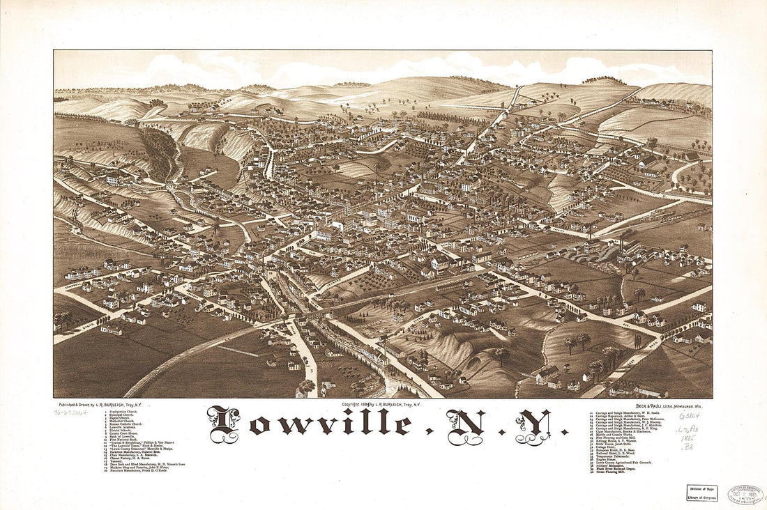 This old map of Lowville, New York from 1885 was created by  Beck &amp; Pauli, L. R. (Lucien R.) Burleigh in 1885
