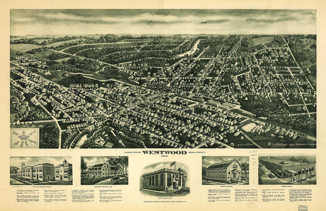 This old map of Aeroview of Westwood, New Jersey from 1924 was created by Rene Cinquin,  Hughes &amp; Cinquin in 1924