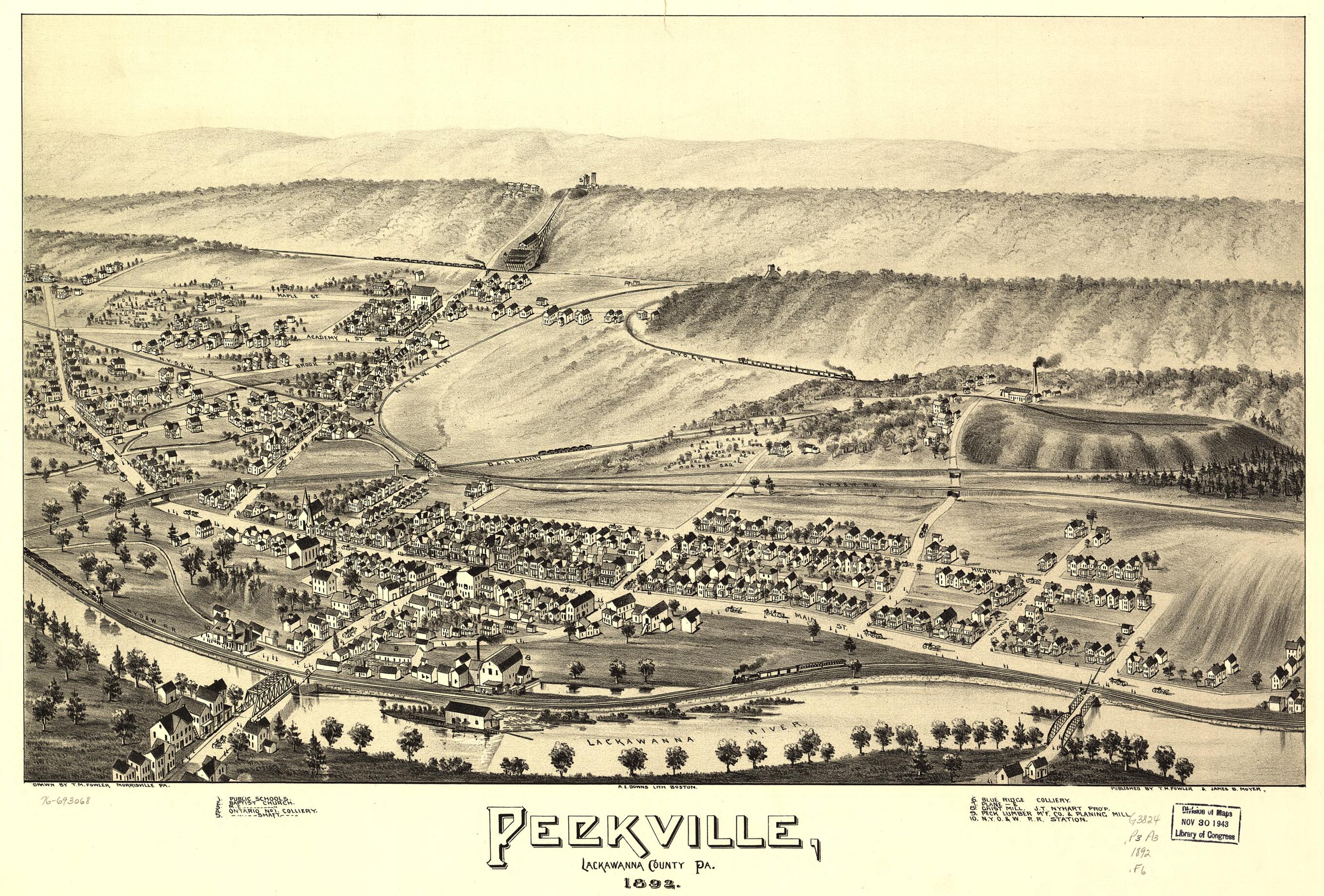 This old map of Peckville, Lackawanna County, Pennsylvania from 1892 was created by A. E. (Albert E.) Downs, T. M. (Thaddeus Mortimer) Fowler, James B. Moyer in 1892