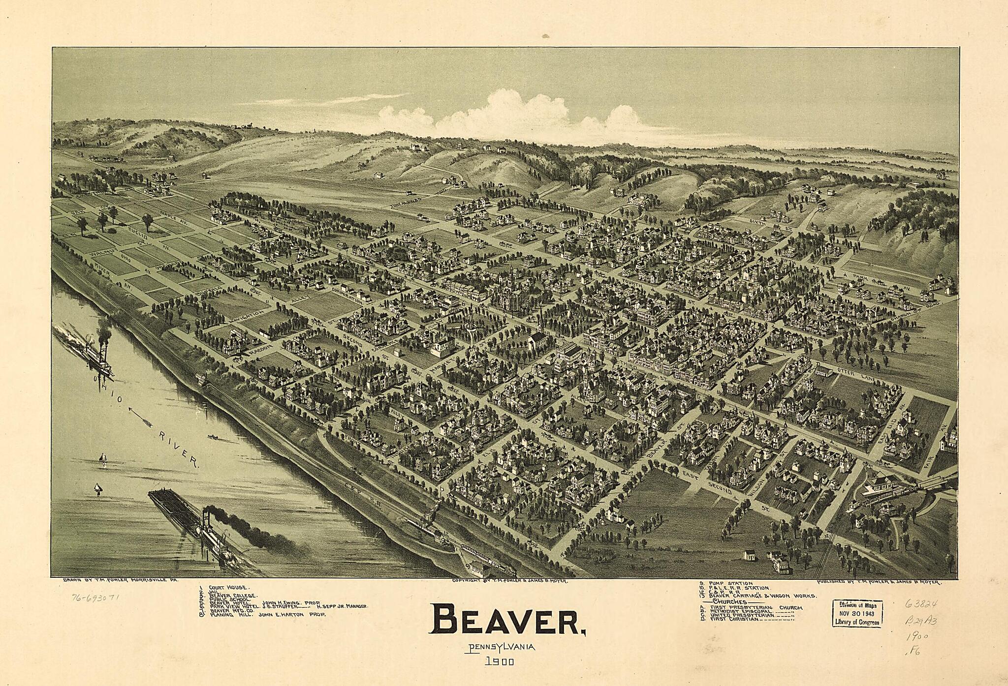 This old map of Beaver, Pennsylvania from 1900 was created by T. M. (Thaddeus Mortimer) Fowler, James B. Moyer in 1900