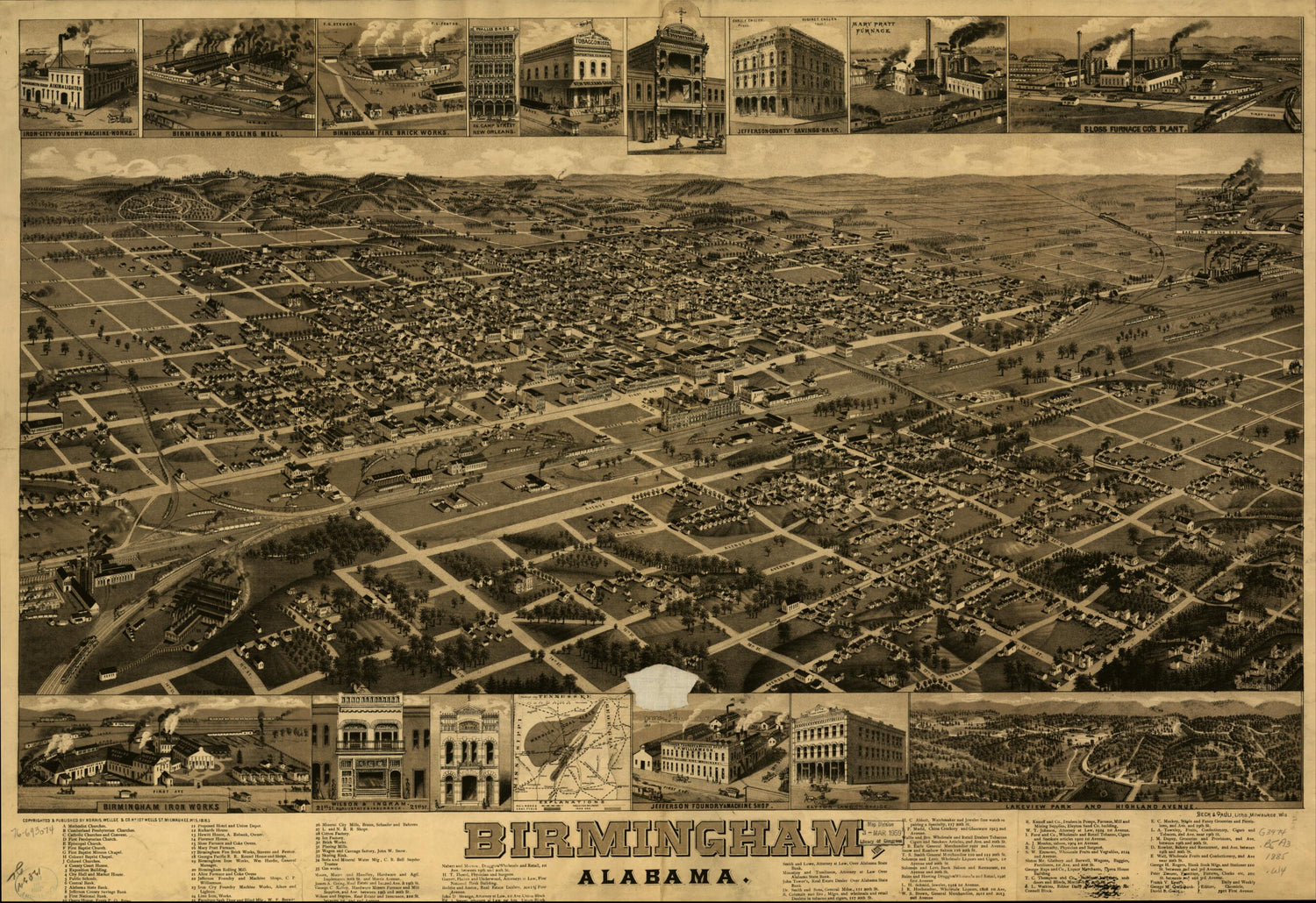 This old map of Birmingham, Alabama from 1885 was created by  Beck &amp; Pauli, Wellge &amp; Co Norris, H. (Henry) Wellge in 1885