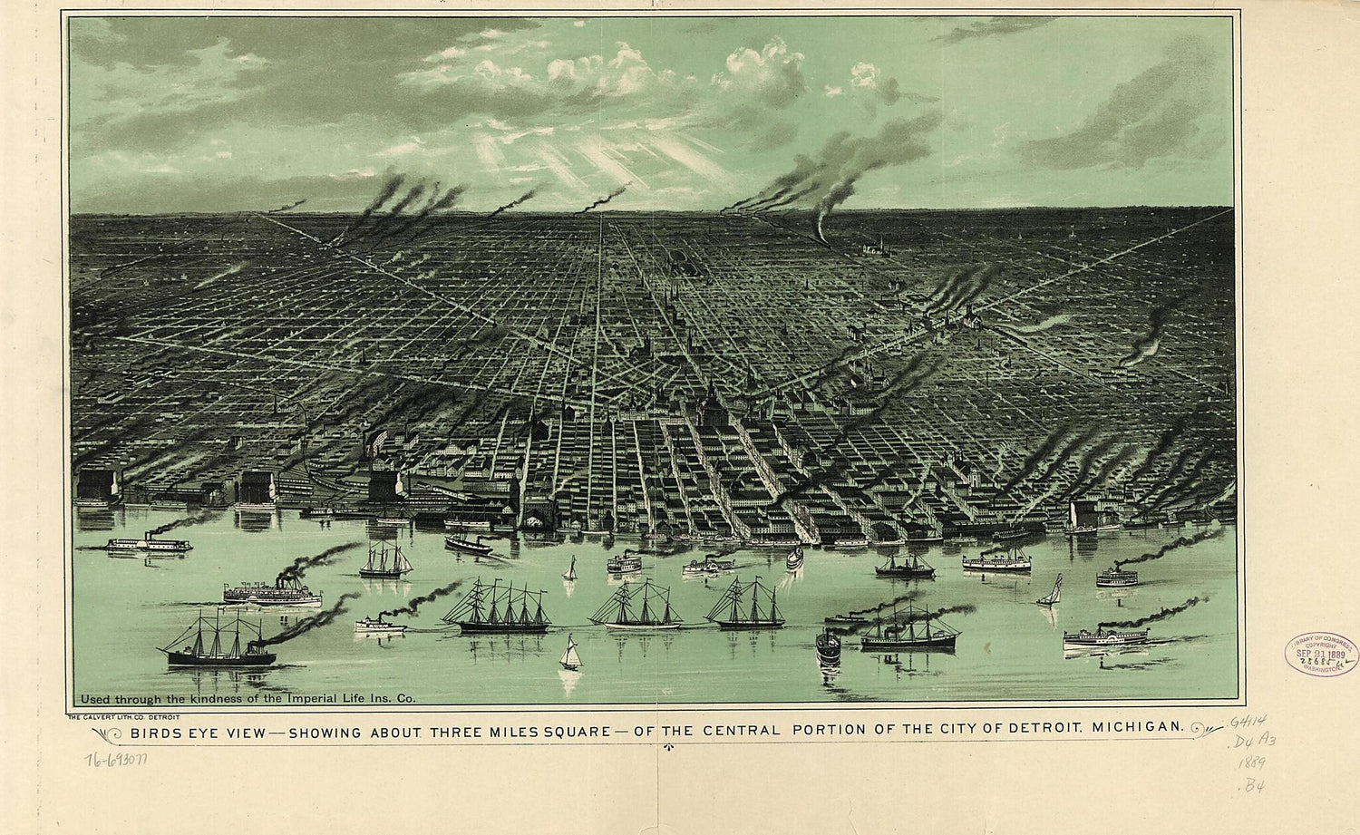 This old map of -showing About Three Miles Square--of the Central Portion of the City of Detroit, Michigan from 1889 was created by Mich.) Calvert Lithographing Co. (Detroit in 1889