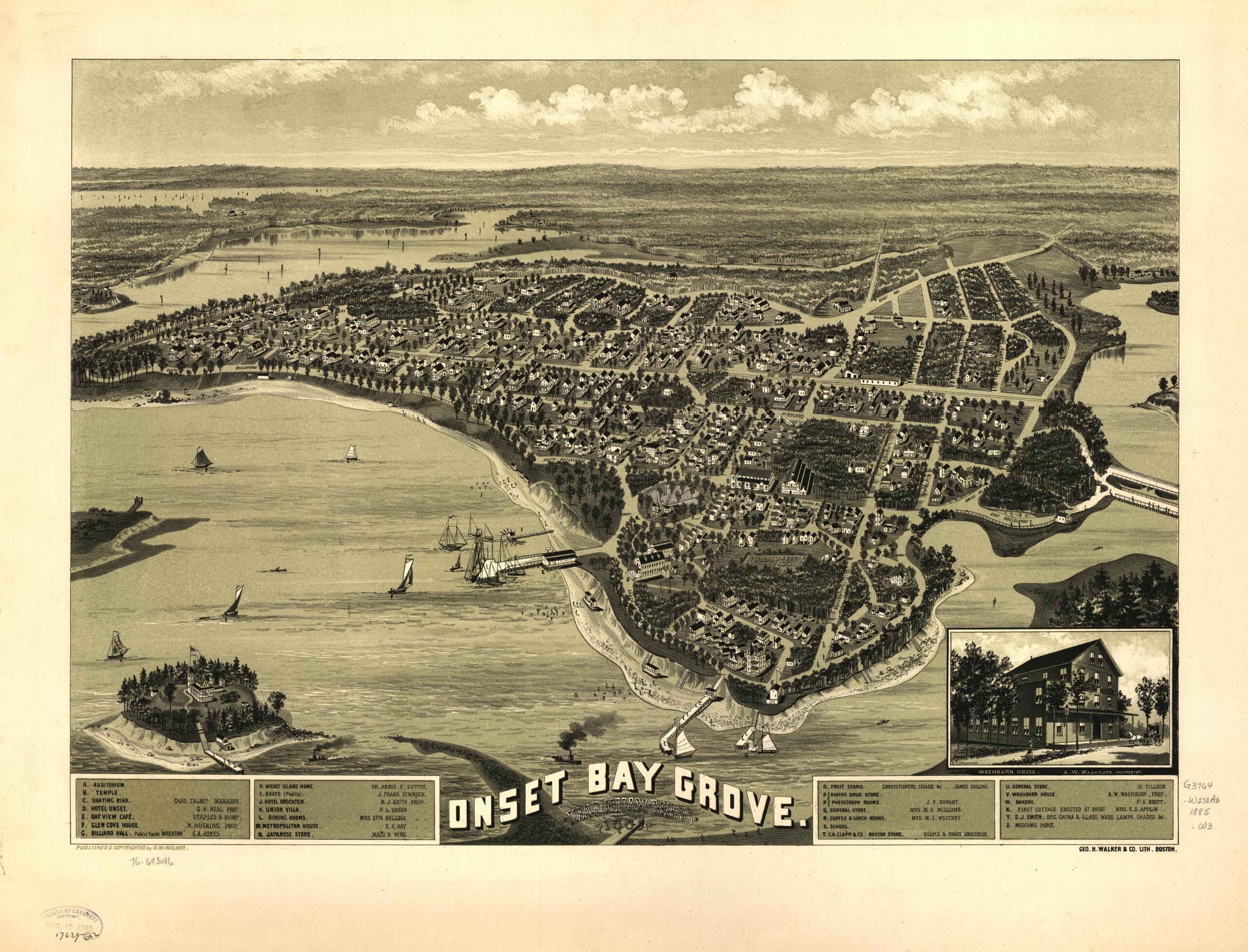 This old map of Onset Bay Grove, Wareham, Massachusetts L885 from 1885 was created by  Geo. H. Walker &amp; Co, O. W. (Oscar W.) Walker in 1885