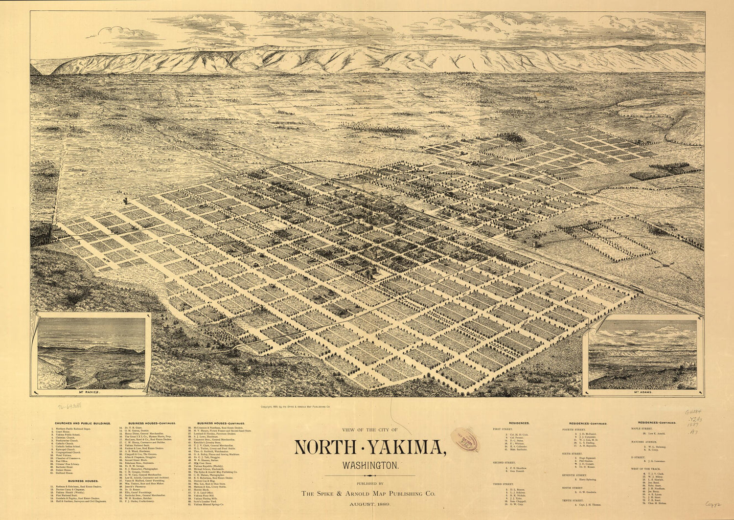 This old map of View of the City of North Yakima, Washington from 1889 was created by Syd W. Arnold,  Spike &amp; Arnold Map Publishing Co in 1889