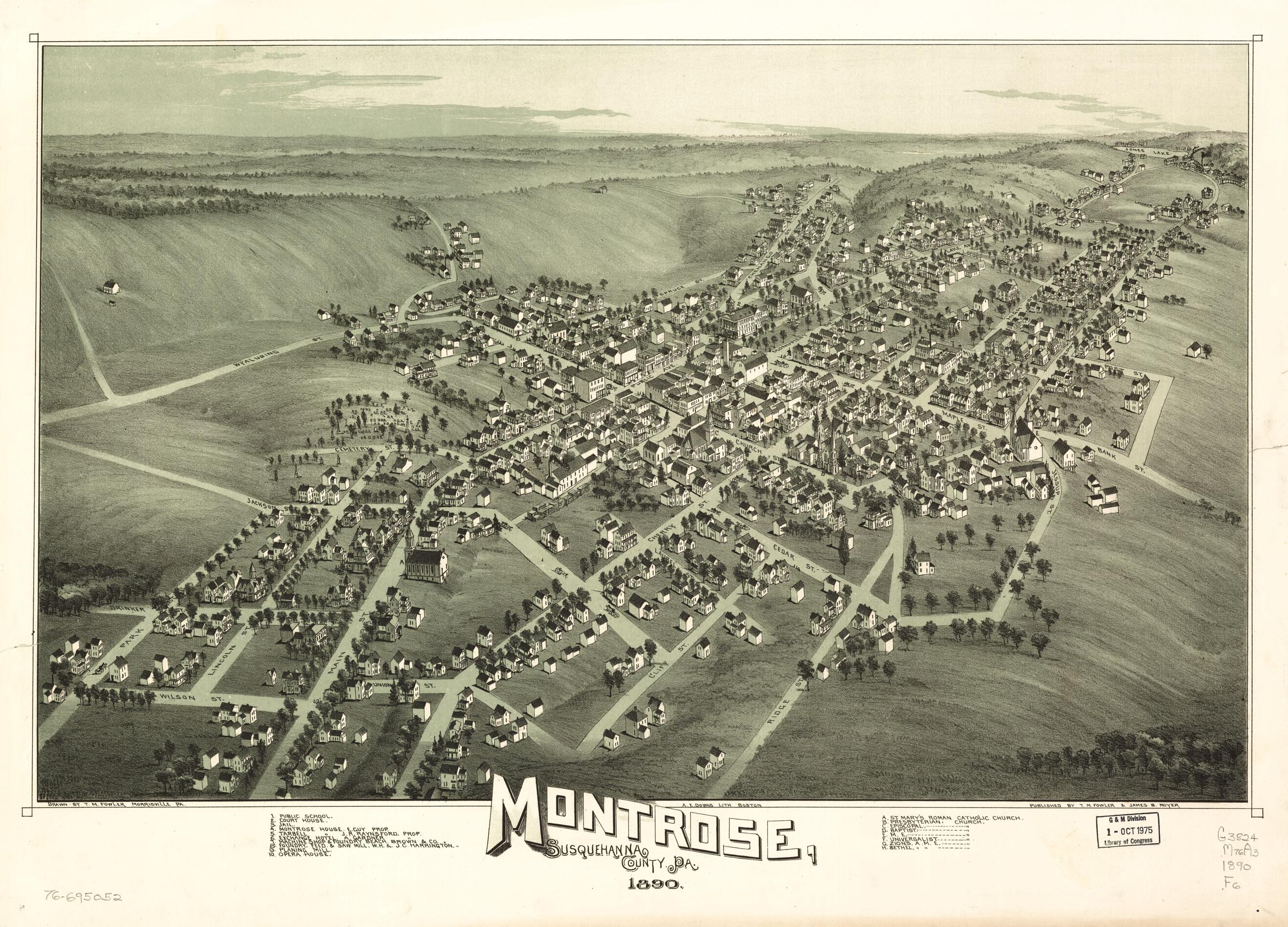 This old map of Montrose, Susquehanna County, Pennsylvania from 1890 was created by A. E. (Albert E.) Downs, T. M. (Thaddeus Mortimer) Fowler, James B. Moyer in 1890