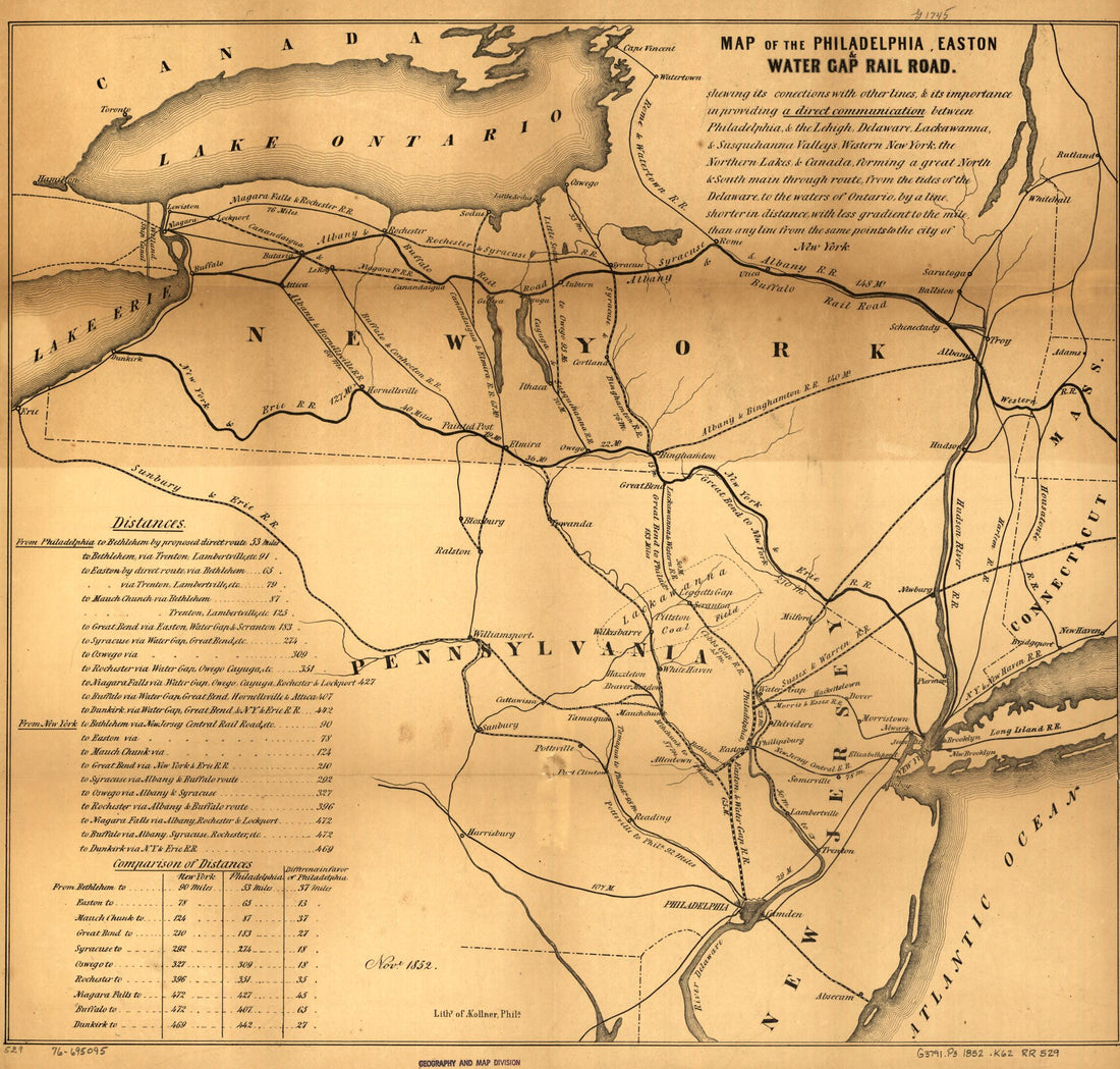 This old map of Map of the Philadelphia, Easton &amp; Water Gap Rail Road from 1852 was created by Augustus Kollner, Easton and Water Gap Railroad Company Philadelphia in 1852