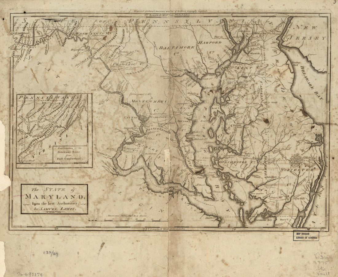 This old map of The State of Maryland from 1795 was created by W. (William) Barker, Mathew Carey, William Guthrie, Samuel Lewis in 1795