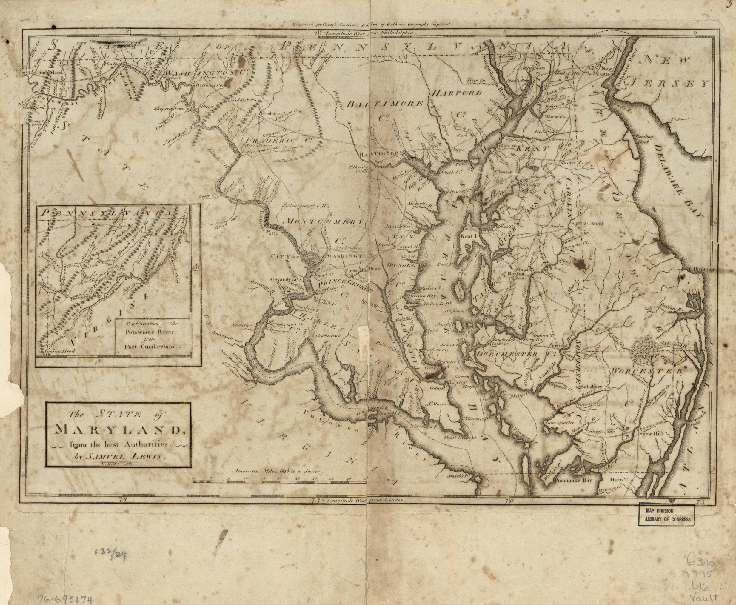 This old map of The State of Maryland from 1795 was created by W. (William) Barker, Mathew Carey, William Guthrie, Samuel Lewis in 1795
