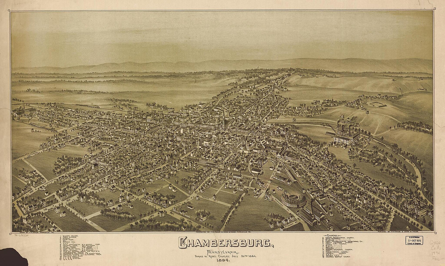 This old map of Chambersburg, Pennsylvania, Burned by Rebel Cavalry July 30th 1864 from 1894 was created by T. M. (Thaddeus Mortimer) Fowler, James B. Moyer in 1894