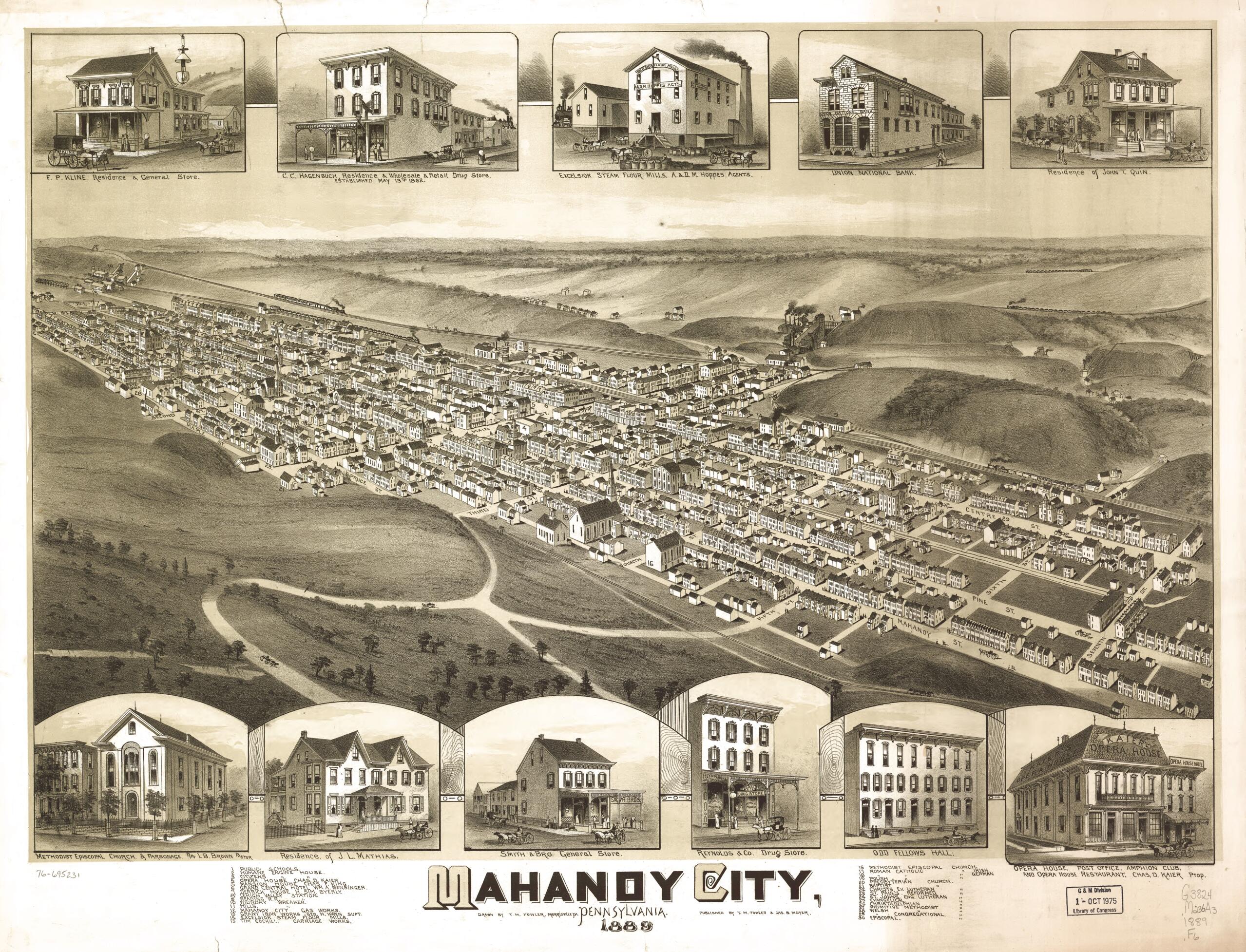 This old map of Mahanoy City, Pennsylvania from 1889 was created by T. M. (Thaddeus Mortimer) Fowler, James B. Moyer in 1889