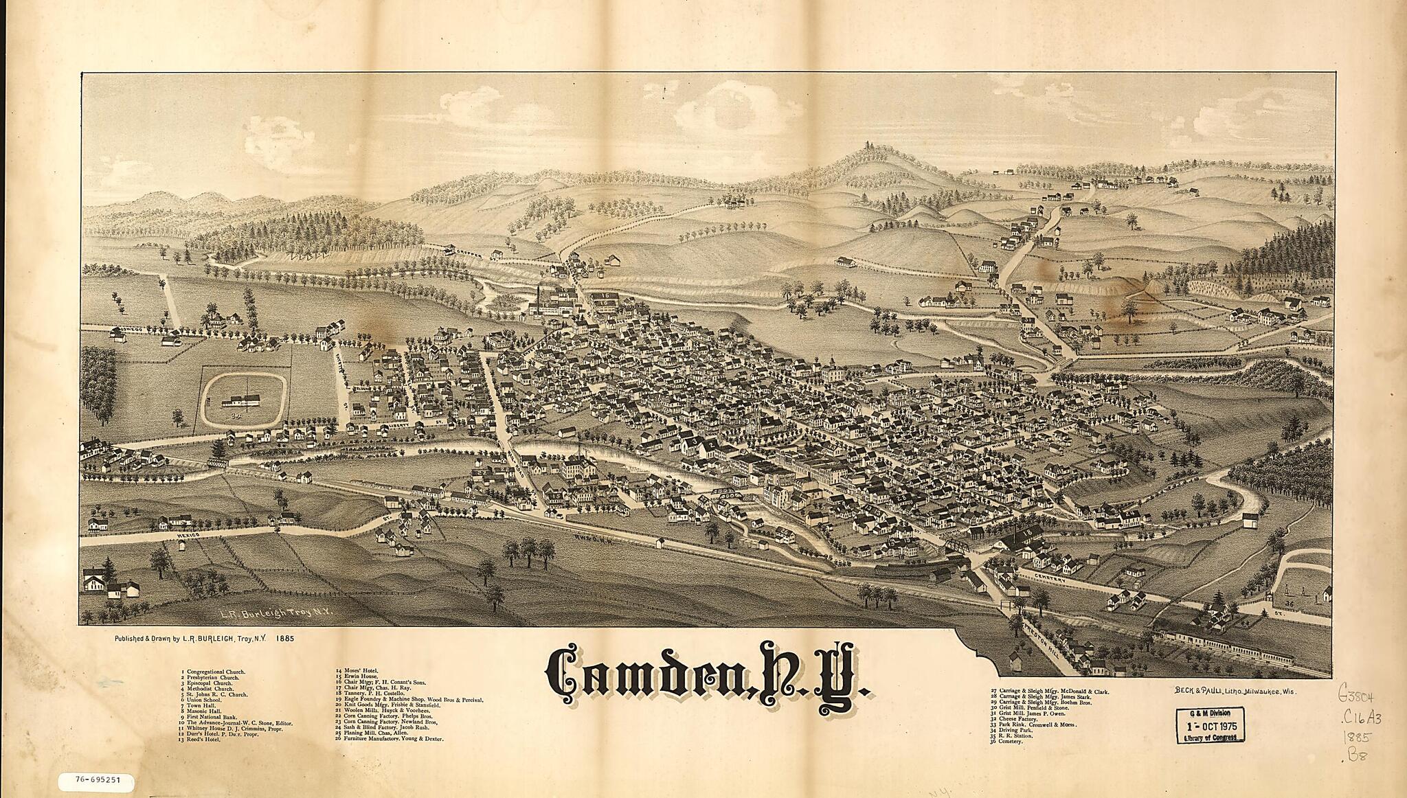 This old map of Camden, New York from 1885 was created by  Beck &amp; Pauli, L. R. (Lucien R.) Burleigh in 1885