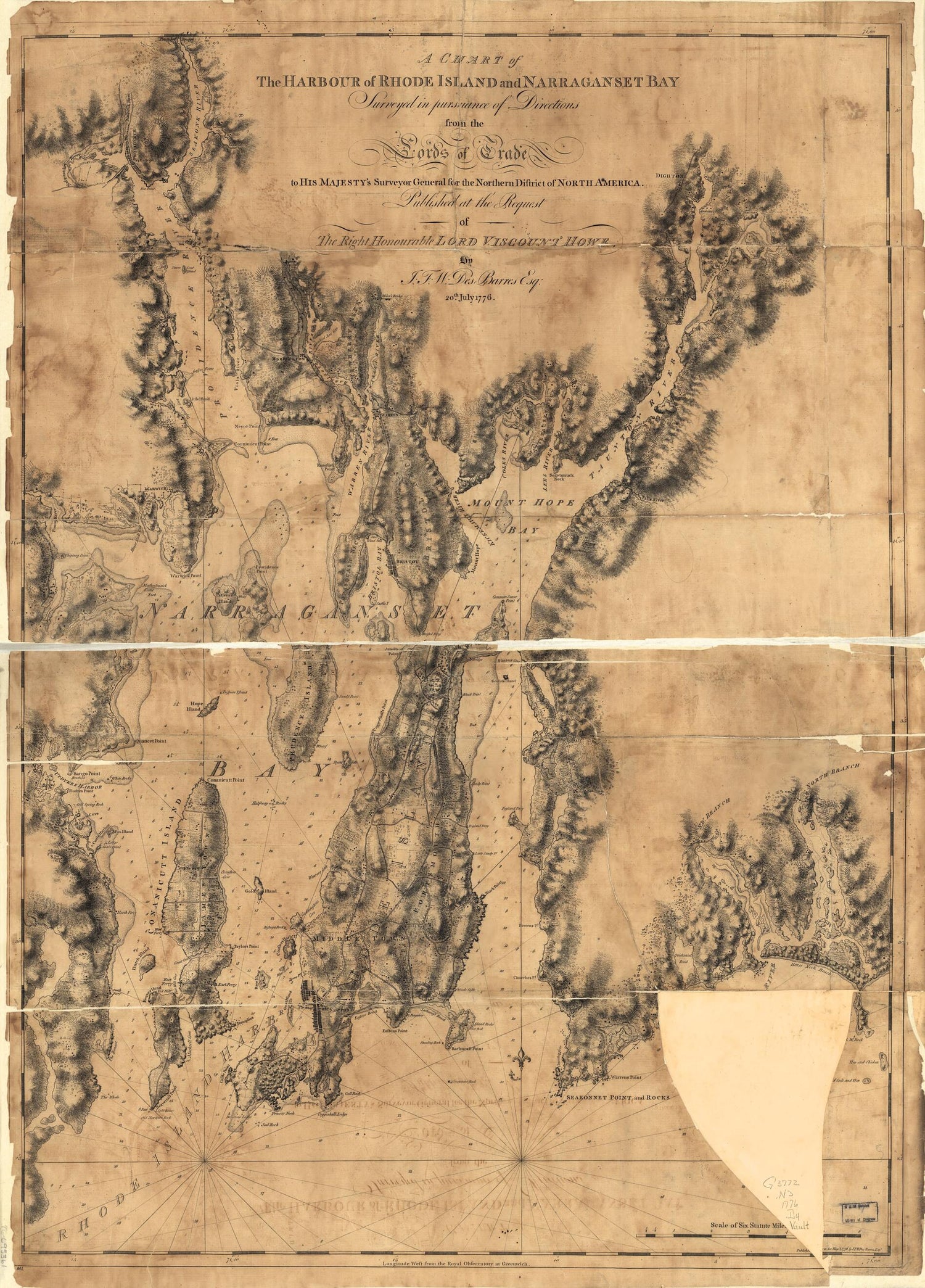 This old map of A Chart of the Harbour of Rhode Island and Narraganset Bay from 1776 was created by Joseph F. W. (Joseph Frederick Wallet) Des Barres in 1776