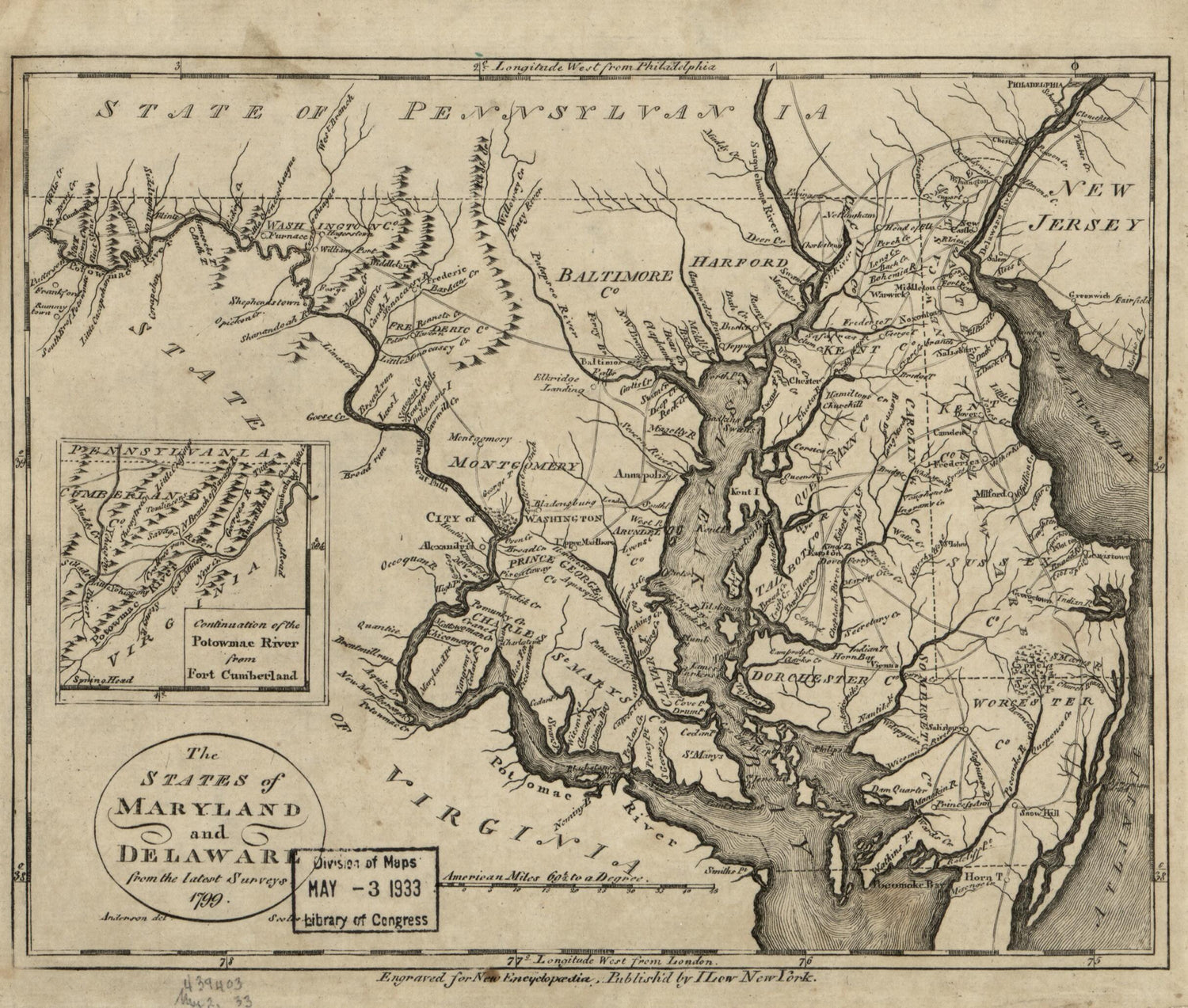 This old map of The States of Maryland and Delaware from the Latest Surveys, from 1799 was created by  Anderson in 1799