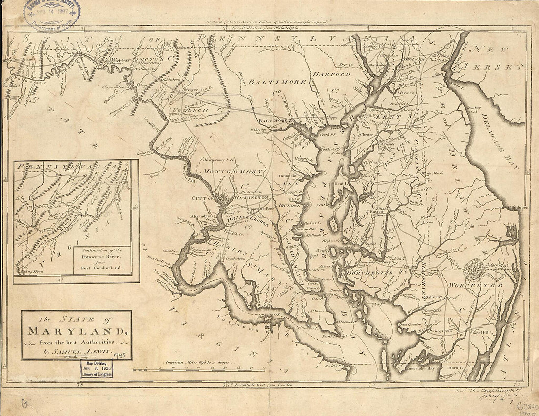 This old map of The State of Maryland from the Best Authorities from 1795 was created by W. (William) Barker, Mathew Carey, William Guthrie, Samuel Lewis in 1795