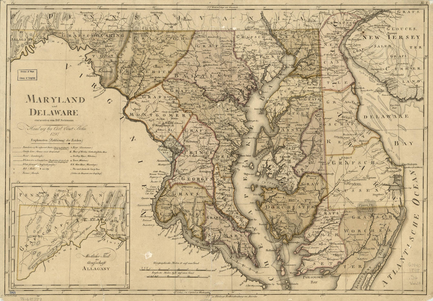 This old map of Maryland Und Delaware from 1797 was created by Wilhelm Sander, D. F. Sotzmann in 1797