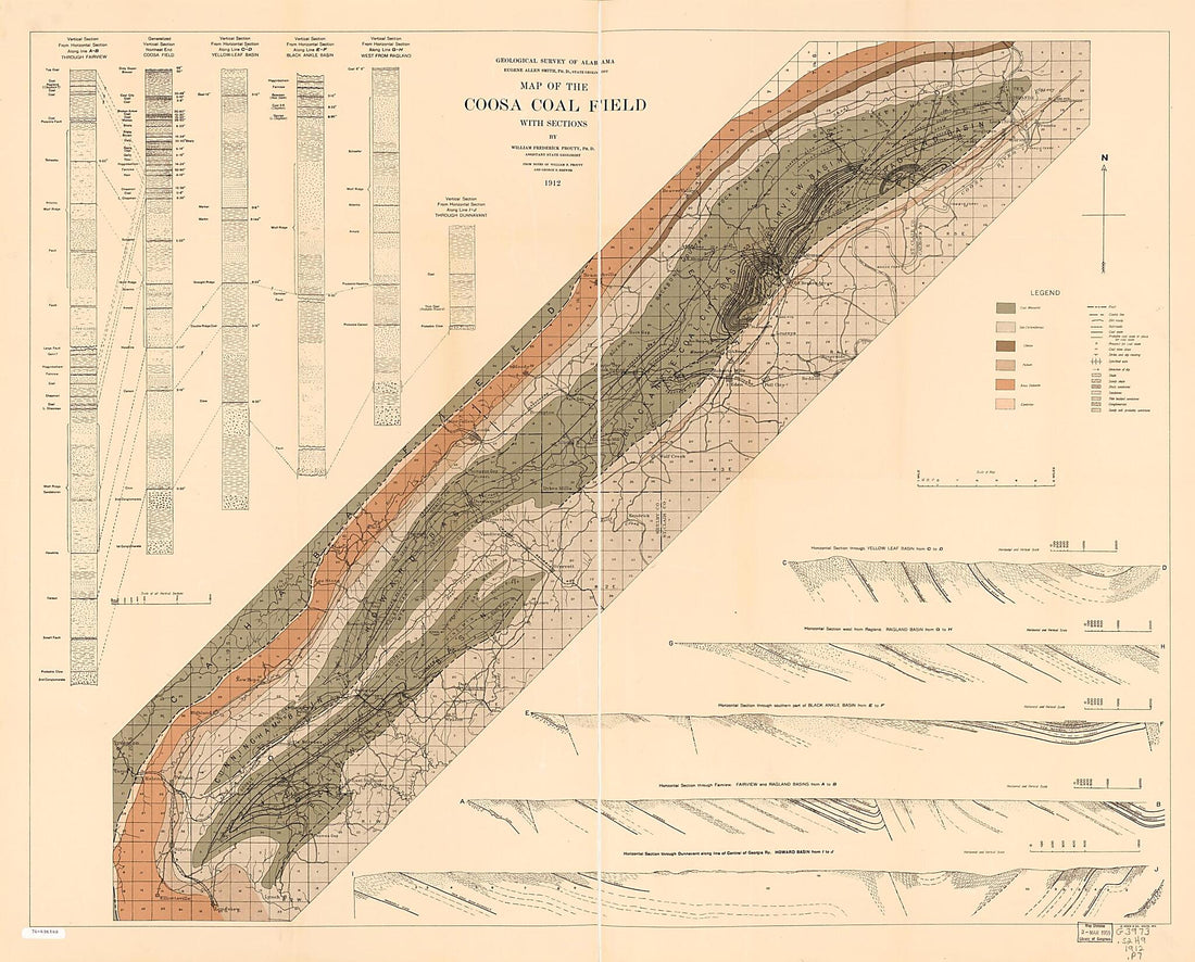 This old map of Map of the Coosa Coal Field With Sections from 1912 was created by George N. Brewer, William F. (William Frederick) Prouty in 1912