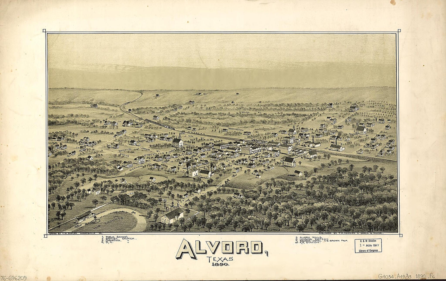 This old map of Alvord, Texas from 1890 was created by T. M. (Thaddeus Mortimer) Fowler, James B. Moyer in 1890