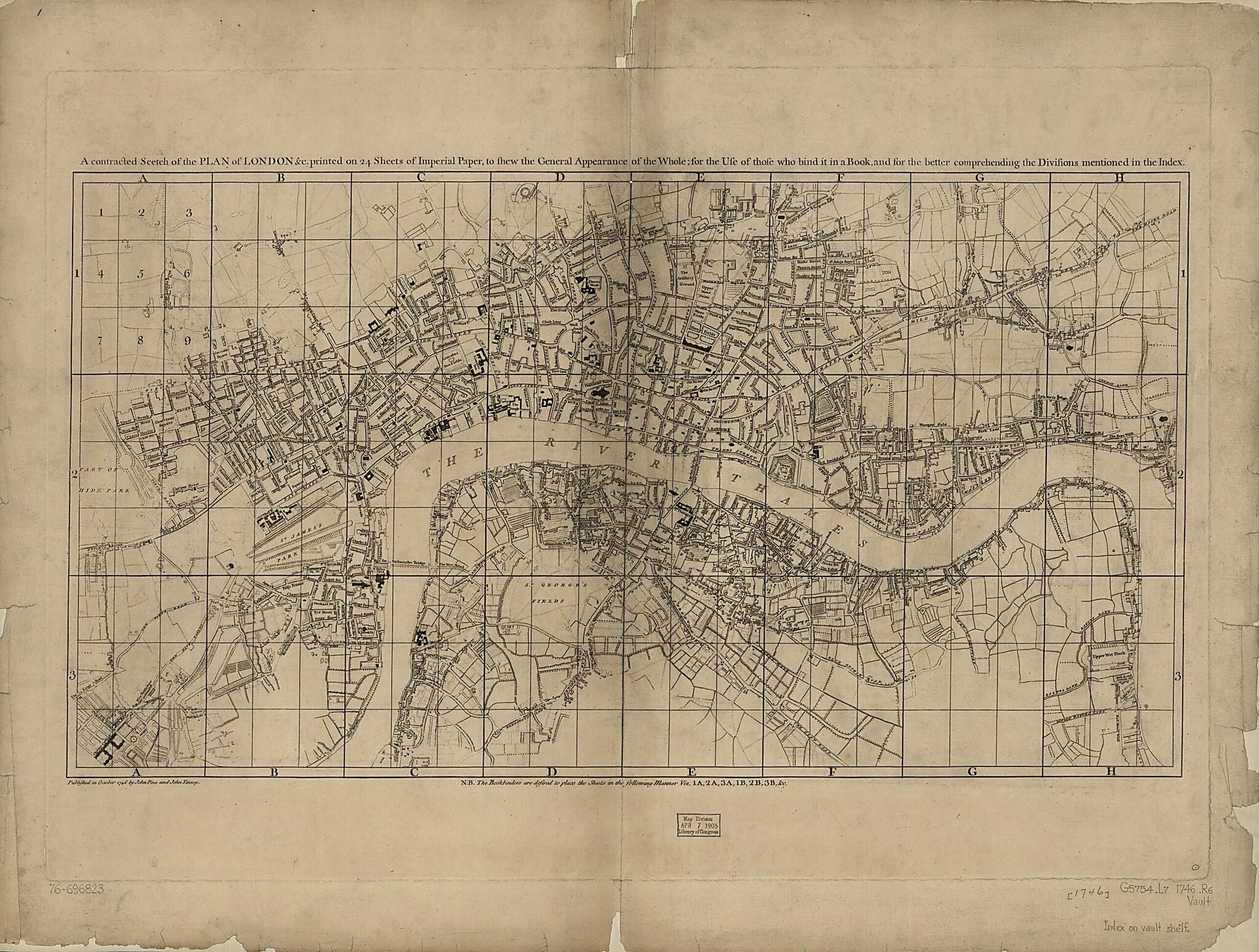 This old map of A Plan of the Cities of London and Westminster, and Borough of Southwark, With the Contiguous Buildings; from 1746 was created by John Pine, John Rocque, John Tinney in 1746