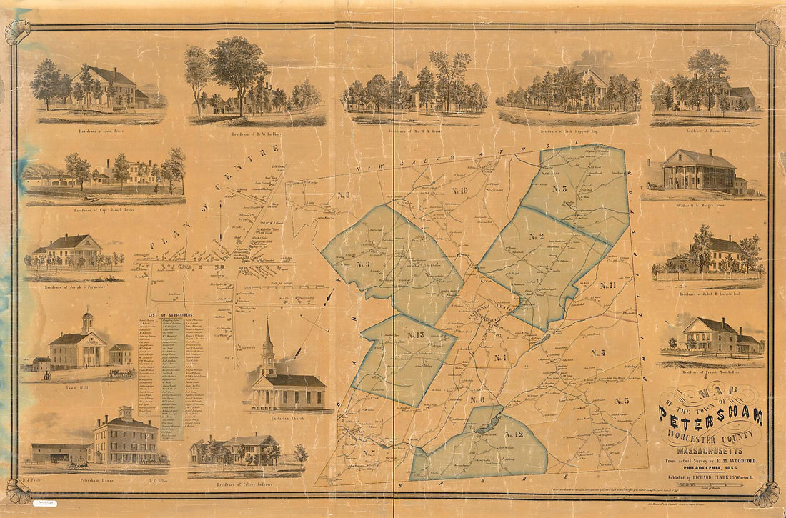 This old map of Map of the Town of Petersham, Worcester County, Massachusetts from 1855 was created by Richard Clark, E. M. Woodford in 1855