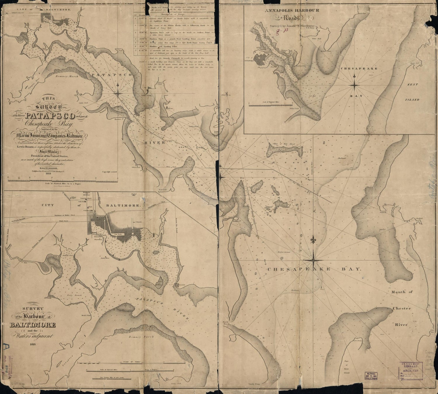 This old map of This Survey of the River Patapsco and Part of Chesapeake Bay from 1819 was created by Lewis Brantz, Fielding Lucas in 1819