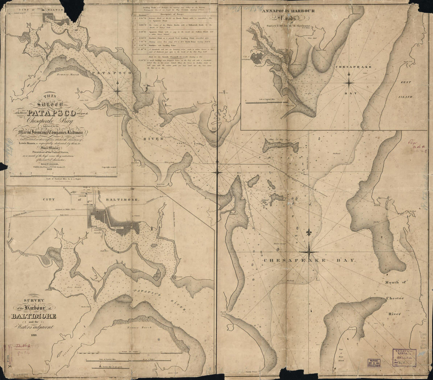 This old map of This Survey of the River Patapsco and Part of Chesapeake Bay from 1819 was created by Lewis Brantz, Fielding Lucas in 1819