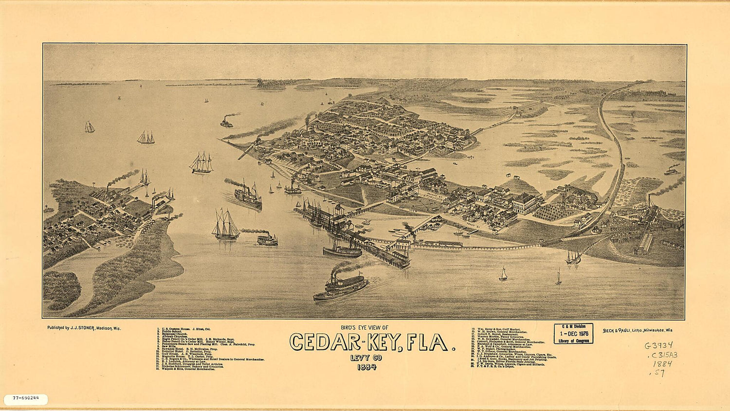 This old map of Key, Florida, Levy Co from 1884 was created by  Beck &amp; Pauli, J. J. Stoner in 1884