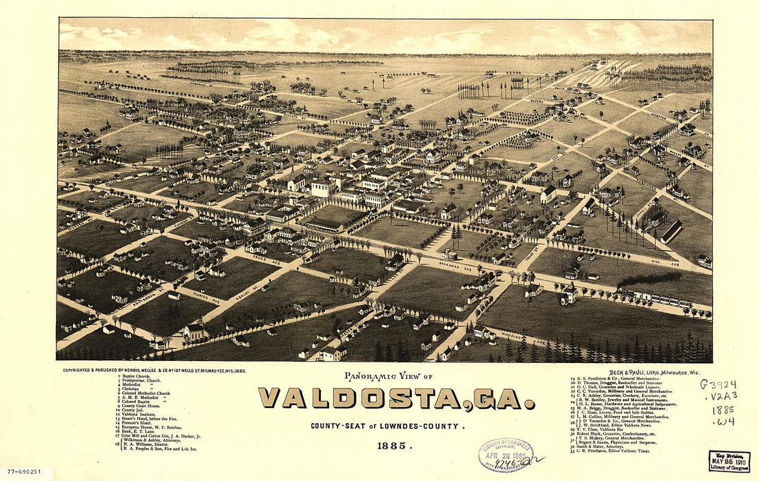 This old map of Panoramic View of Valdosta, Georgia : County Seat of Lowndes County. (Panoramic View of Valdosta, Georgia) from 1885 was created by  Beck &amp; Pauli, Wellge &amp; Co Norris, H. (Henry) Wellge in 1885
