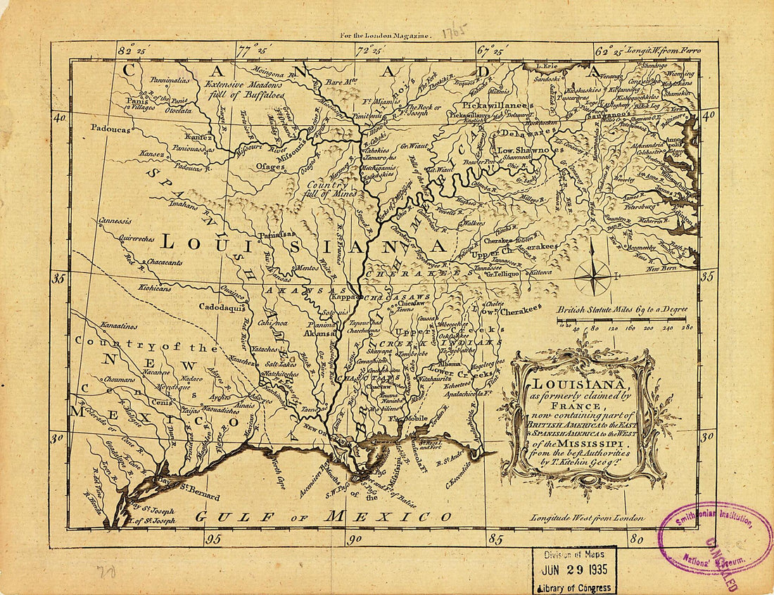 This old map of Louisiana, As Formerly Claimed by France, Now Containing Part of British America to the East &amp; Spanish America to the West of the Mississippi from 1765 was created by Thomas Kitchin in 1765