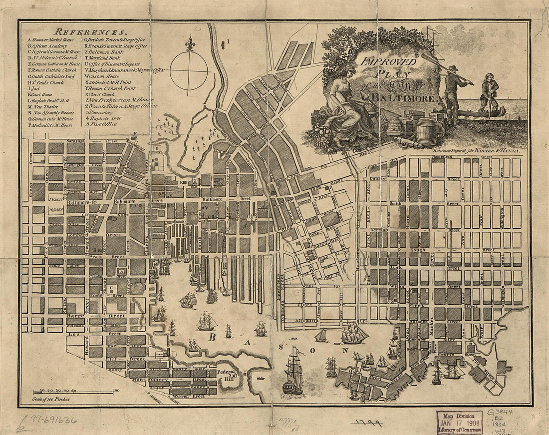 This old map of Improved Plan of the City of Baltimore from 1804 was created by  Warner &amp; Hanna in 1804