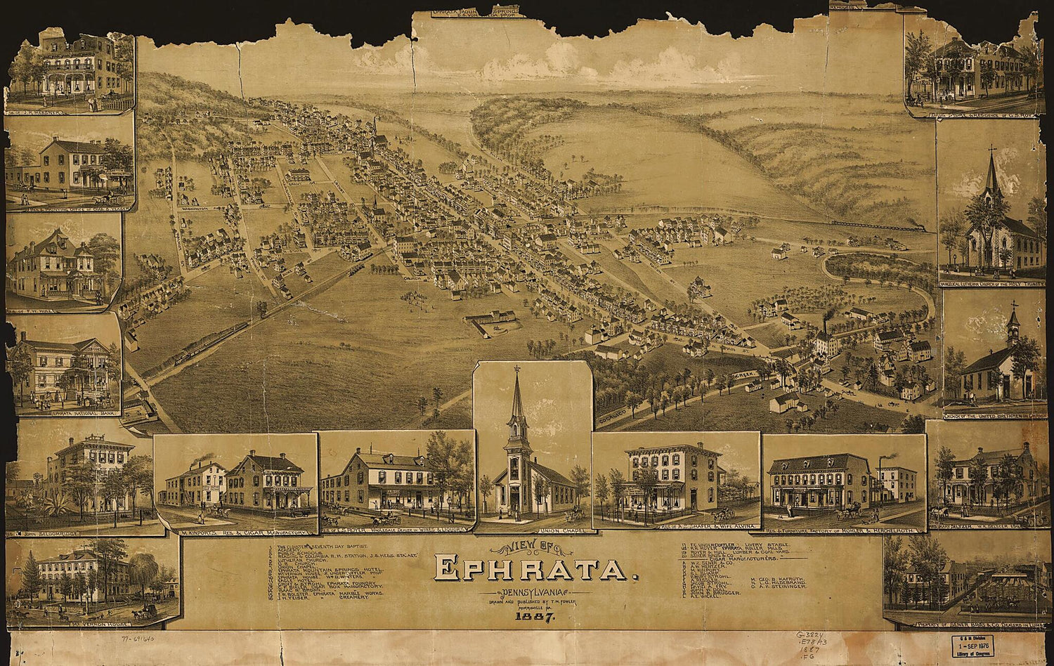 This old map of View of Ephrata, Pennsylvania from 1887 was created by T. M. (Thaddeus Mortimer) Fowler in 1887