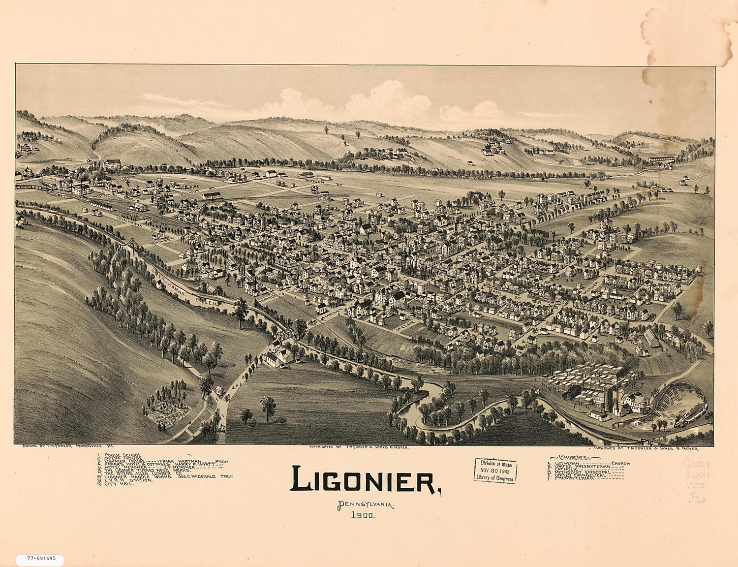 This old map of Ligonier, Pennsylvania from 1900 was created by T. M. (Thaddeus Mortimer) Fowler, James B. Moyer in 1900