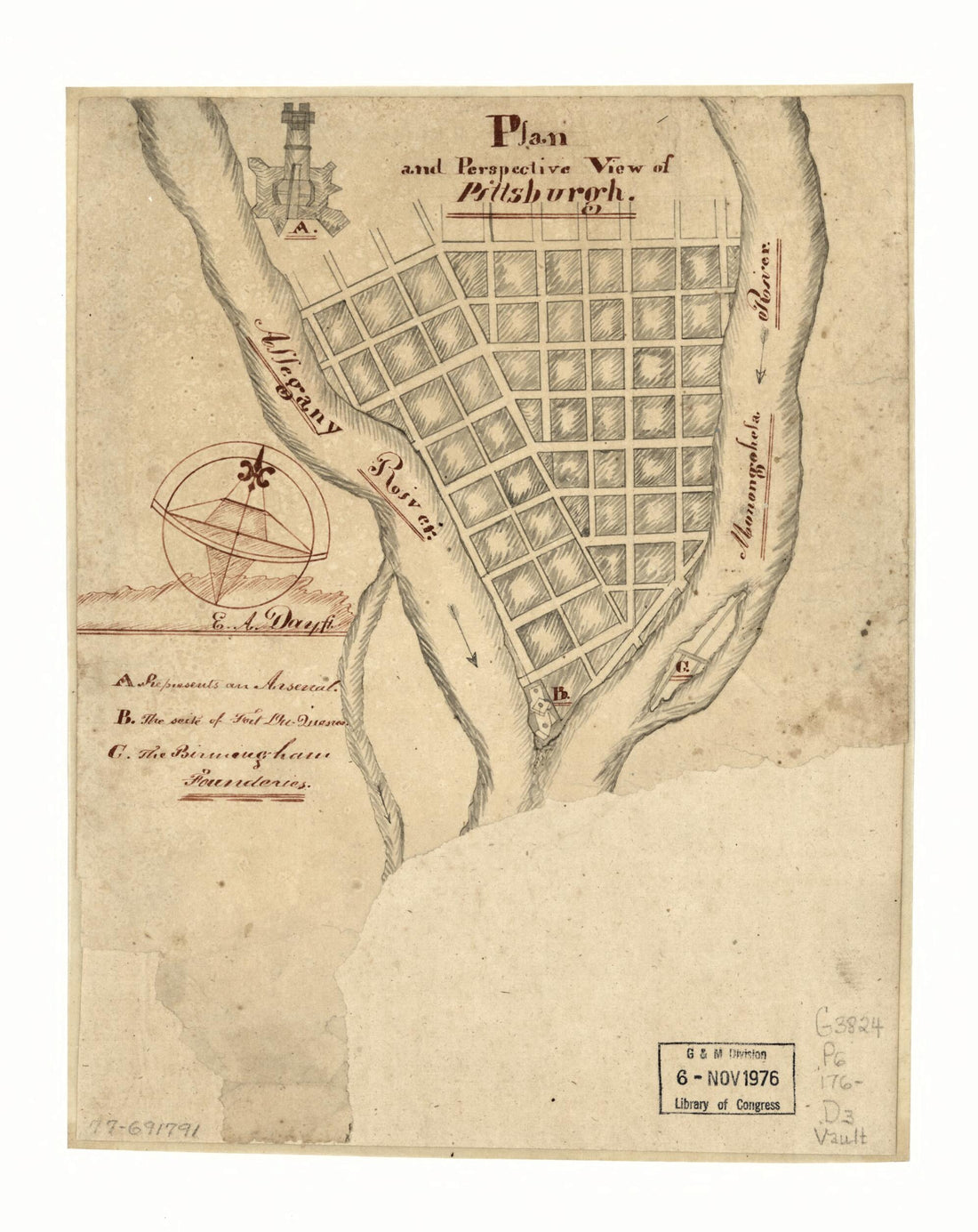 This old map of Plan and Perspective View of Pittsburgh from 1760 was created by E. A. Day in 1760