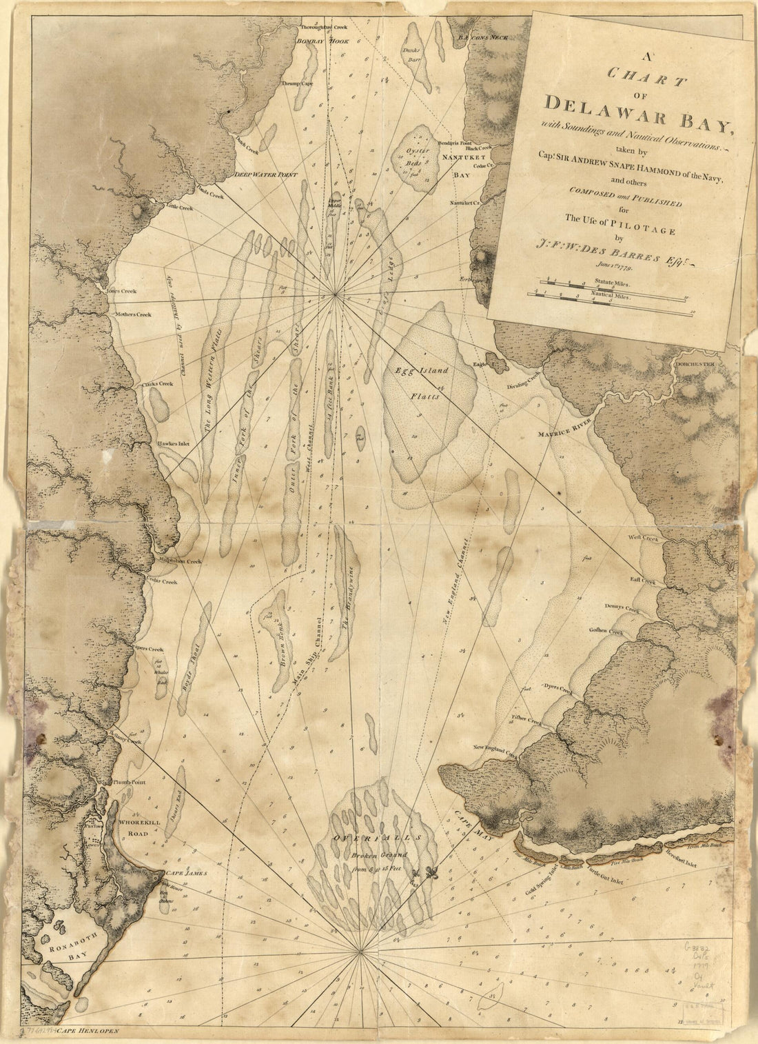 This old map of A Chart of Delawar Bay, With Soundings and Nautical Observations from 1779 was created by Joseph F. W. (Joseph Frederick Wallet) Des Barres, Andrew Snape Hamond in 1779