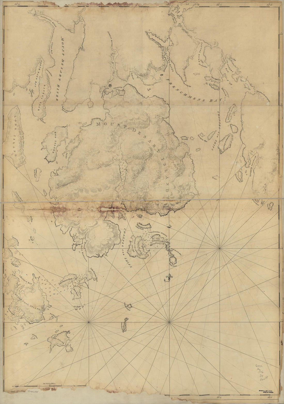 This old map of Mount Desert Island and Neighboring Coast of Maine from 1776 was created by Joseph F. W. (Joseph Frederick Wallet)] [Des Barres in 1776