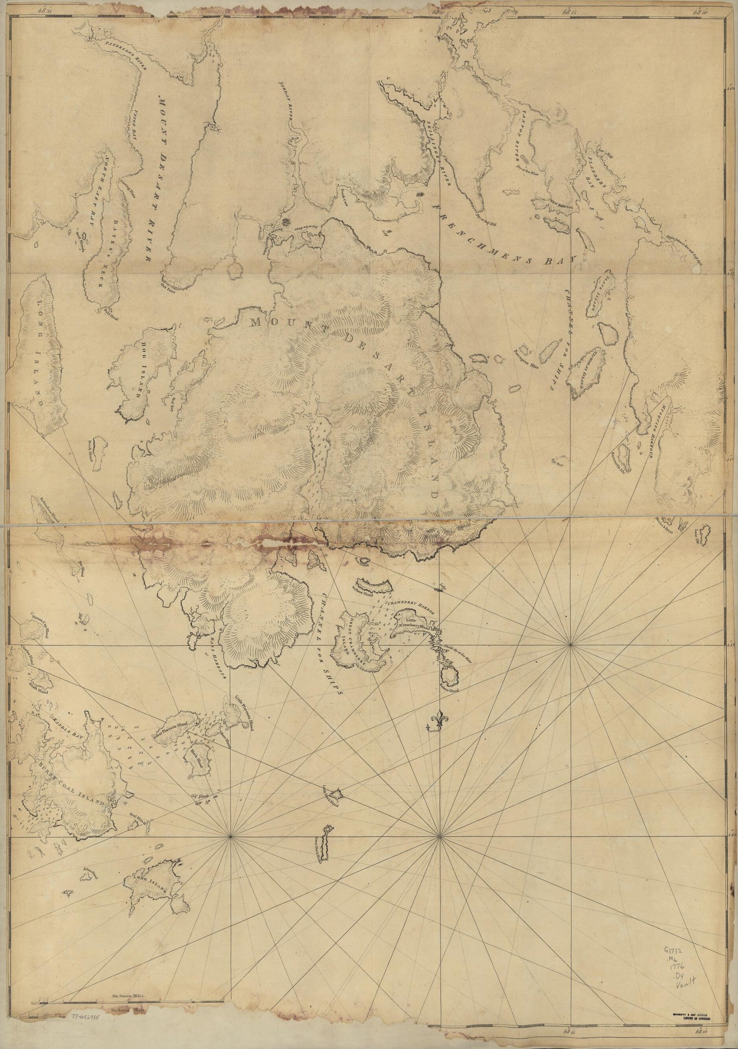 This old map of Mount Desert Island and Neighboring Coast of Maine from 1776 was created by Joseph F. W. (Joseph Frederick Wallet)] [Des Barres in 1776