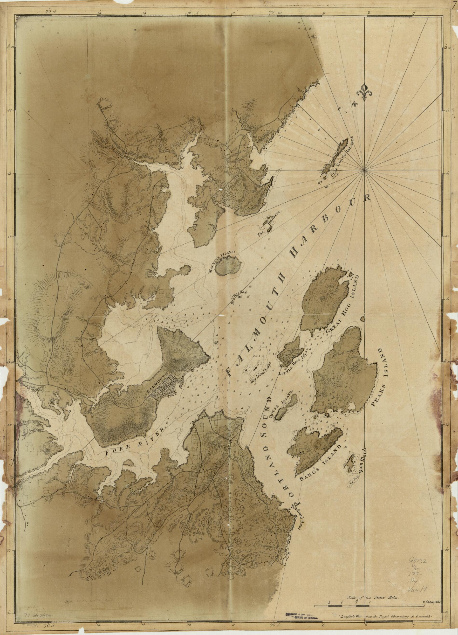 This old map of Falmouth Harbour from 1770 was created by Joseph F. W. (Joseph Frederick Wallet) Des Barres in 1770