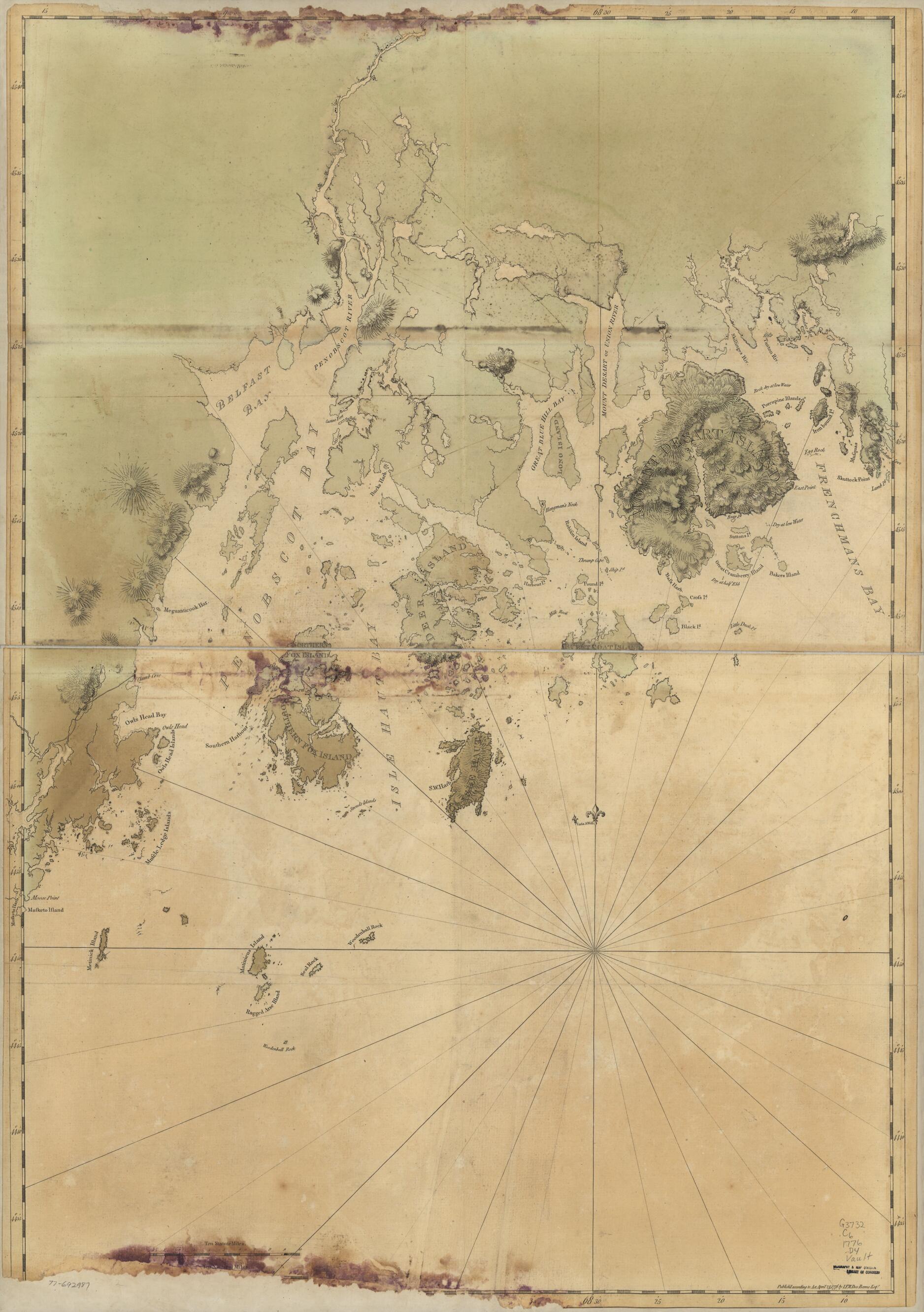 This old map of Coast of Maine from Frenchman Bay to Mosquito Harbor from 1776 was created by Joseph F. W. (Joseph Frederick Wallet) Des Barres in 1776