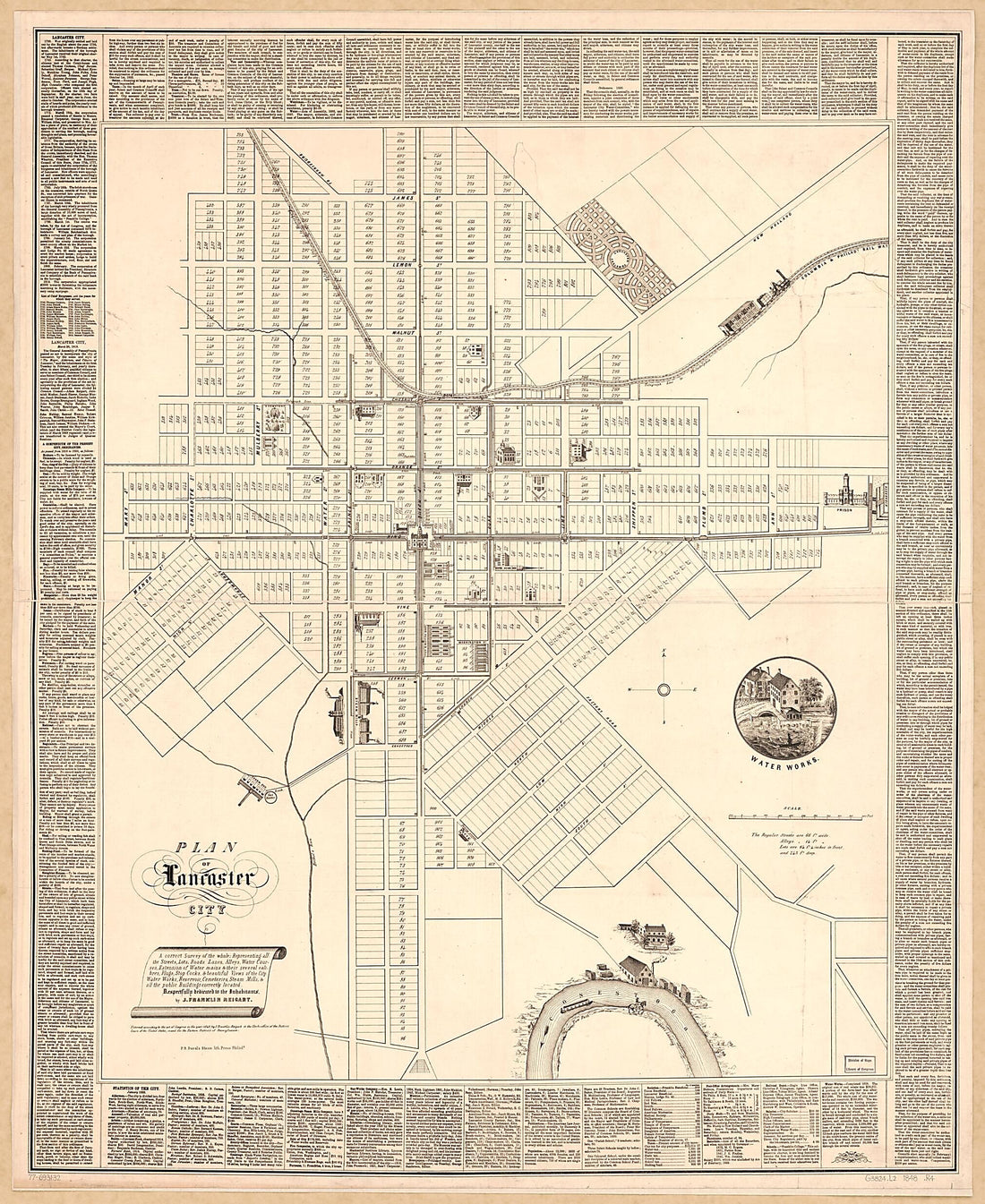 This old map of Plan of Lancaster City; a Correct Survey of the Whole; Representing All the Streets, Lots, Roads, Lanes, Alleys, Water Courses, Extension of Water Mains &amp; Their Several Calibres, Plugs, Stop Cocks, &amp; Beautiful Views of the City from 1850 