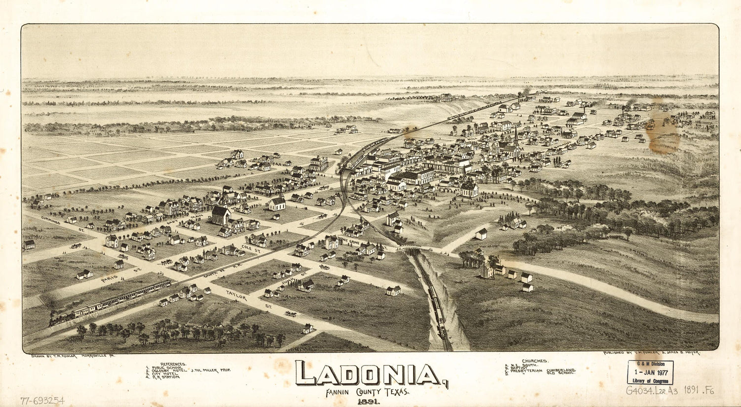 This old map of Ladonia, Fannin County, Texas from 1891 was created by T. M. (Thaddeus Mortimer) Fowler, James B. Moyer in 1891