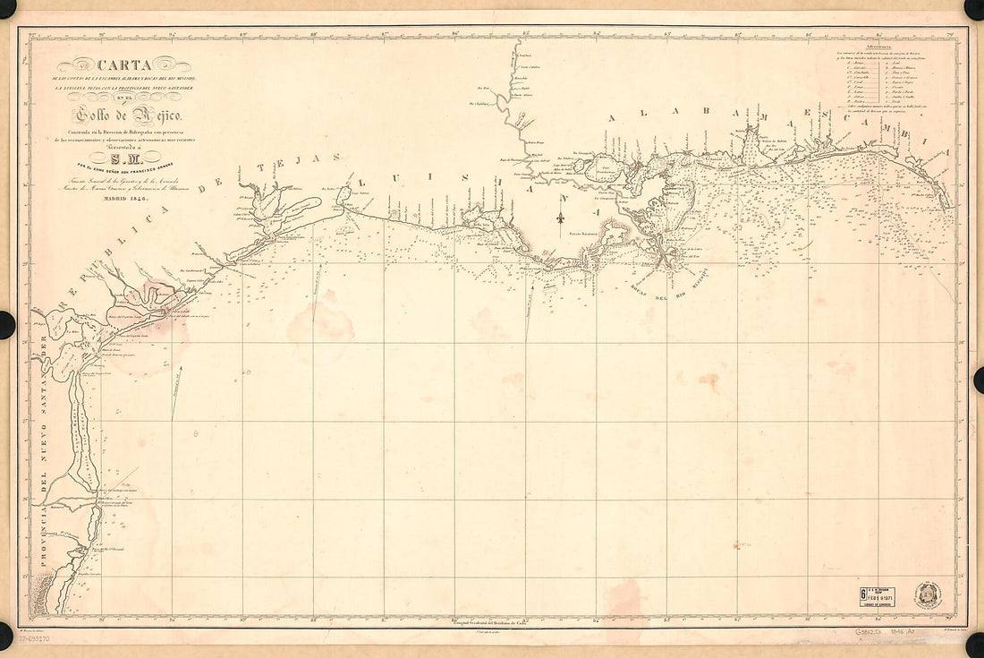 This old map of Carta De Las Costas De La Escambia, Alabama Y Bocas Del Rio Misisipi, La Luisiana, Tejas, Con La Provincia Del Nuevo Santander, En El Golfo De Mejico from 1846 was created by Francisco Armero, J. Carrafa, Miguel Moreno,  Spain. Dirección