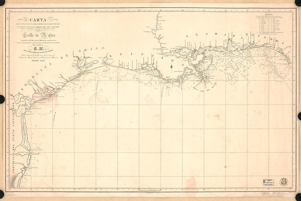 Carta De Las Costas De La Escambia, Alabama Y Bocas Del Rio Misisipi, La Luisiana, Tejas, Con La Provincia Del Nuevo Santander, En El Golfo De Mejico 1846 by Relic Map Company