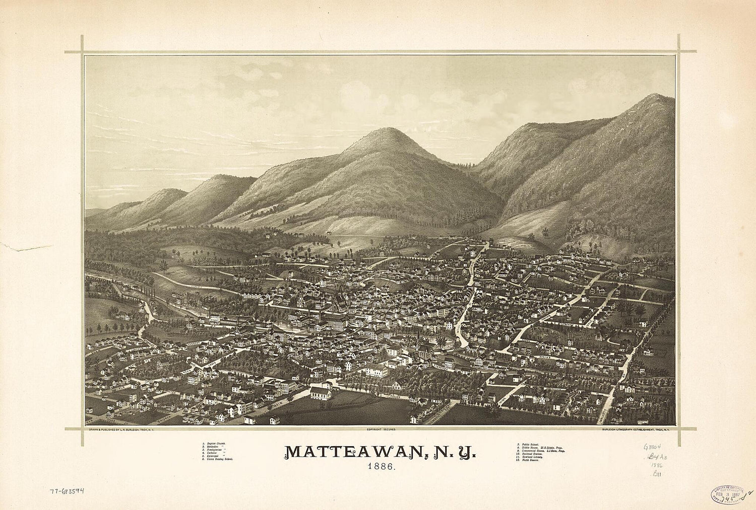 This old map of Matteawan, New York from 1886 was created by  Burleigh Litho, L. R. (Lucien R.) Burleigh in 1886