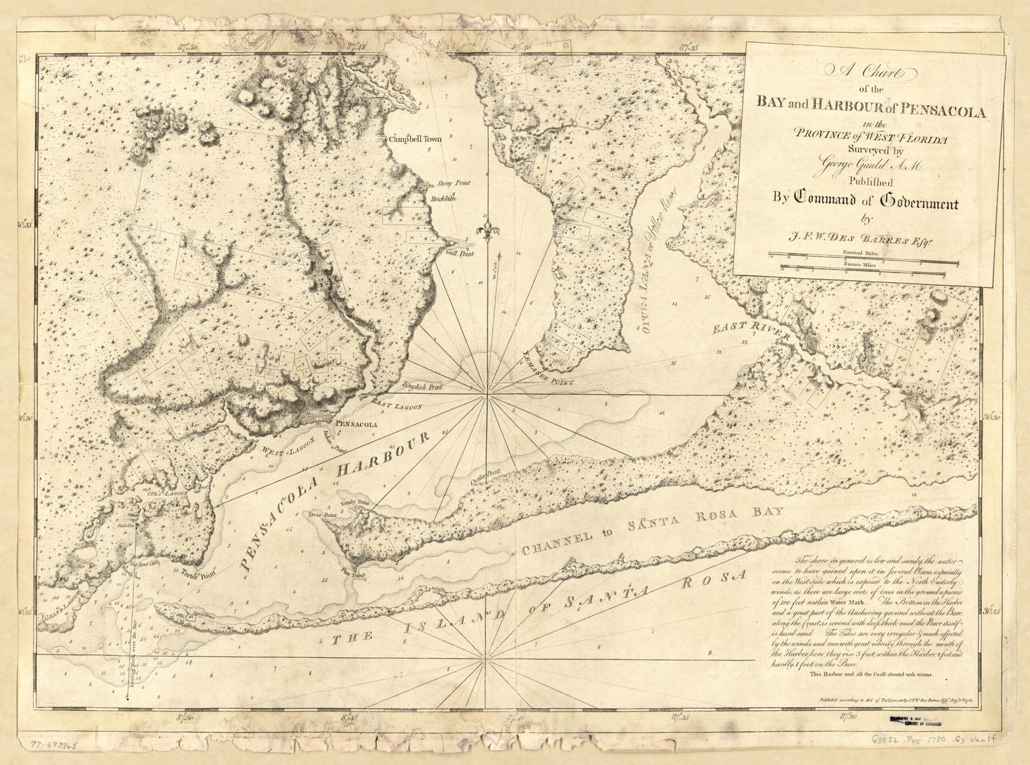 This old map of A Chart of the Bay and Harbour of Pensacola In the Province of West Florida from 1780 was created by Joseph F. W. (Joseph Frederick Wallet) Des Barres, George Gauld in 1780