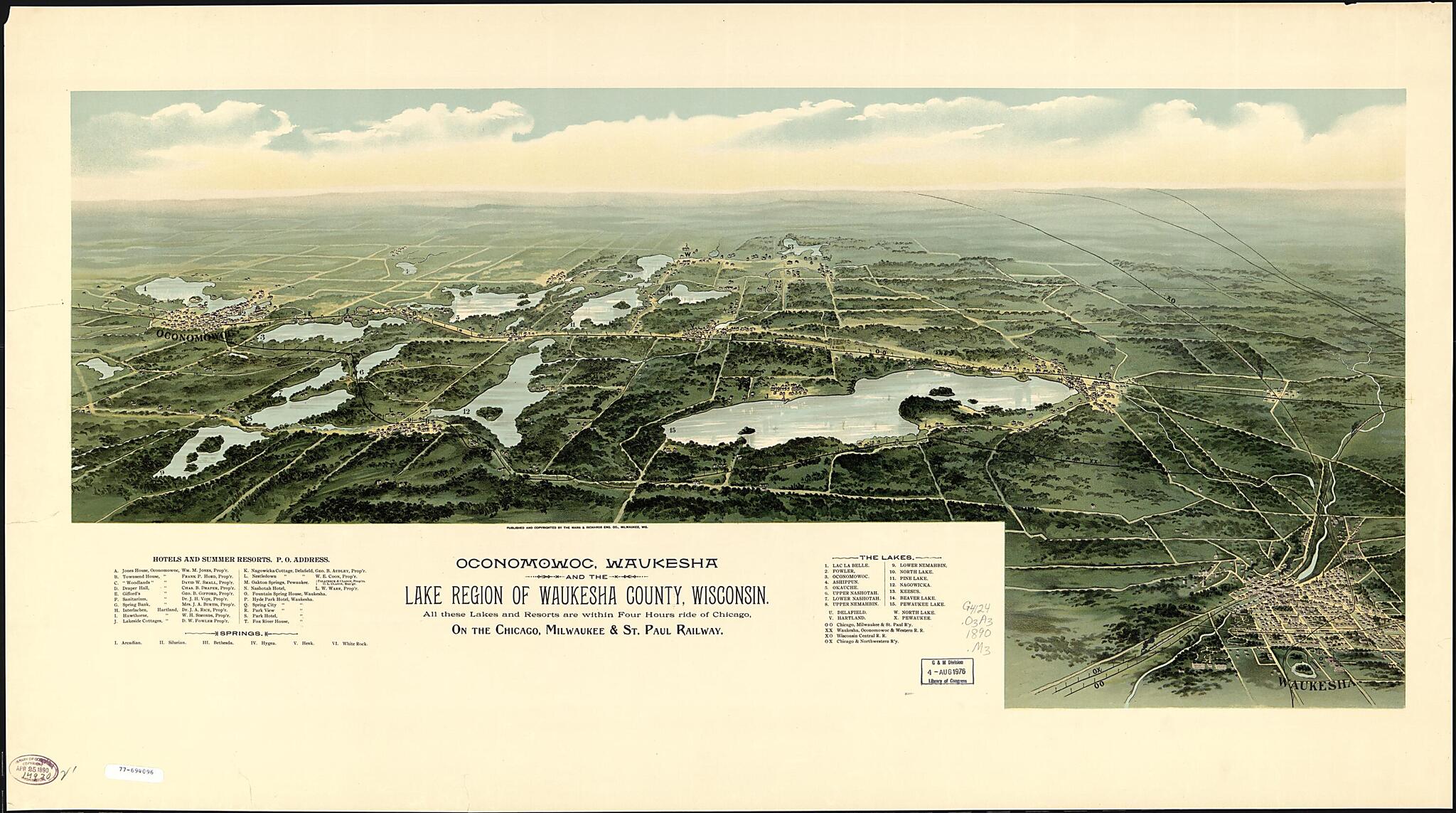 This old map of Oconomowoc, Waukesha and the Lake Region of Waukesha County, Wisconsin, All These Lakes and Resorts Are Within Four Hours Ride of Chicago, On the Chicago, Milwaukee &amp; St. Paul Railway from 1890 was created by  Marr &amp; Richards Engraving Co