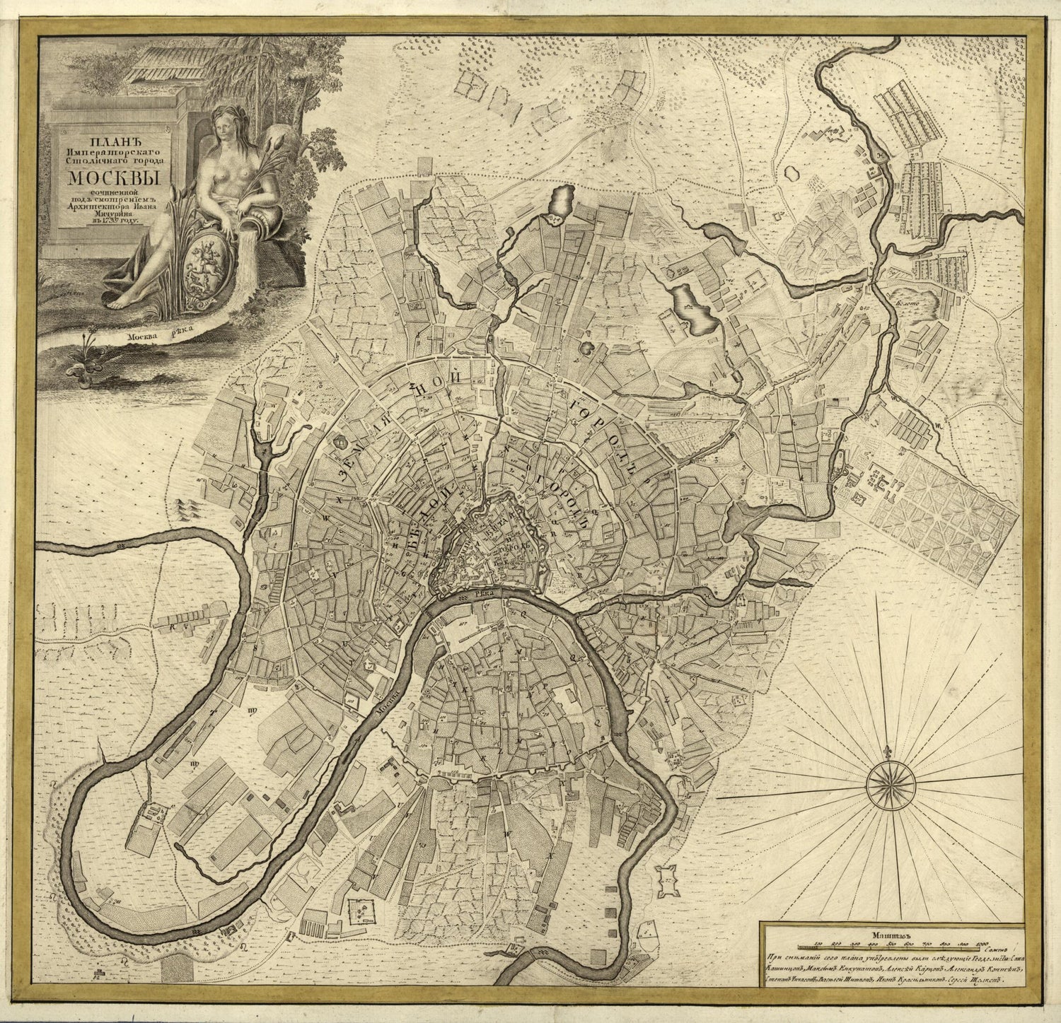 This old map of Plan Imperatorskago Stolichnago Goroda Moskvy from 1745 was created by Ivan Fedorovich Michurin in 1745