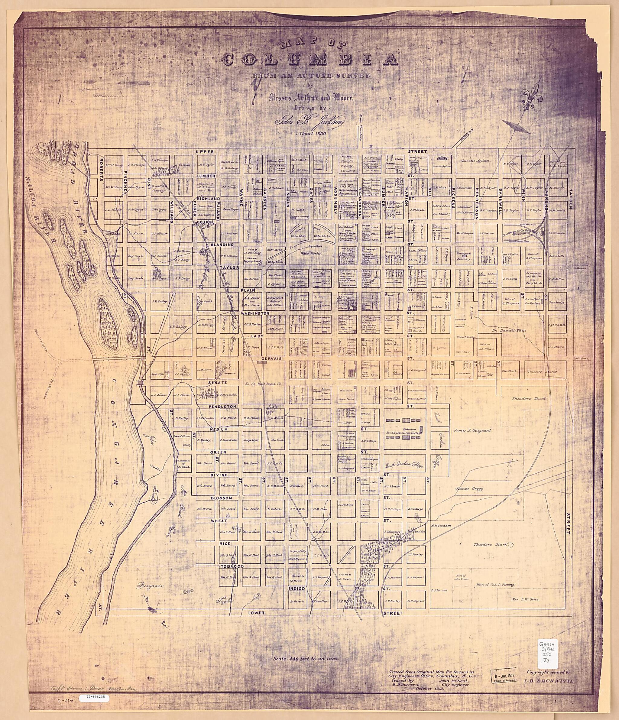 This old map of Map of Columbia from an Actual Survey by Messrs. Arthur and Moore from 1912 was created by R. B. Burrows,  Columbia (S.C.). City Engineering Department, John B. (John Brinkerhoff) Jackson in 1912