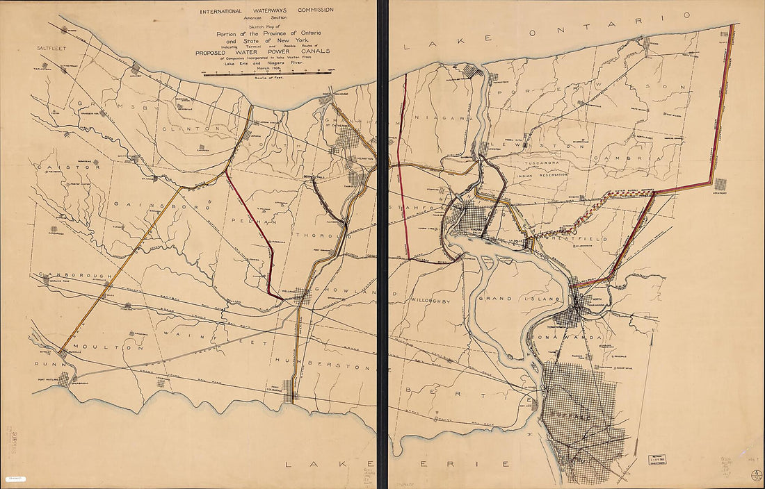 This old map of Sketch Map of Portion of the Province of Ontario and State of New York Indicating Termini and Possible Routes of Proposed Water Power Canals of Companies Incorporated to Take Water from Lake Erie and Niagara River from 1906 was created by